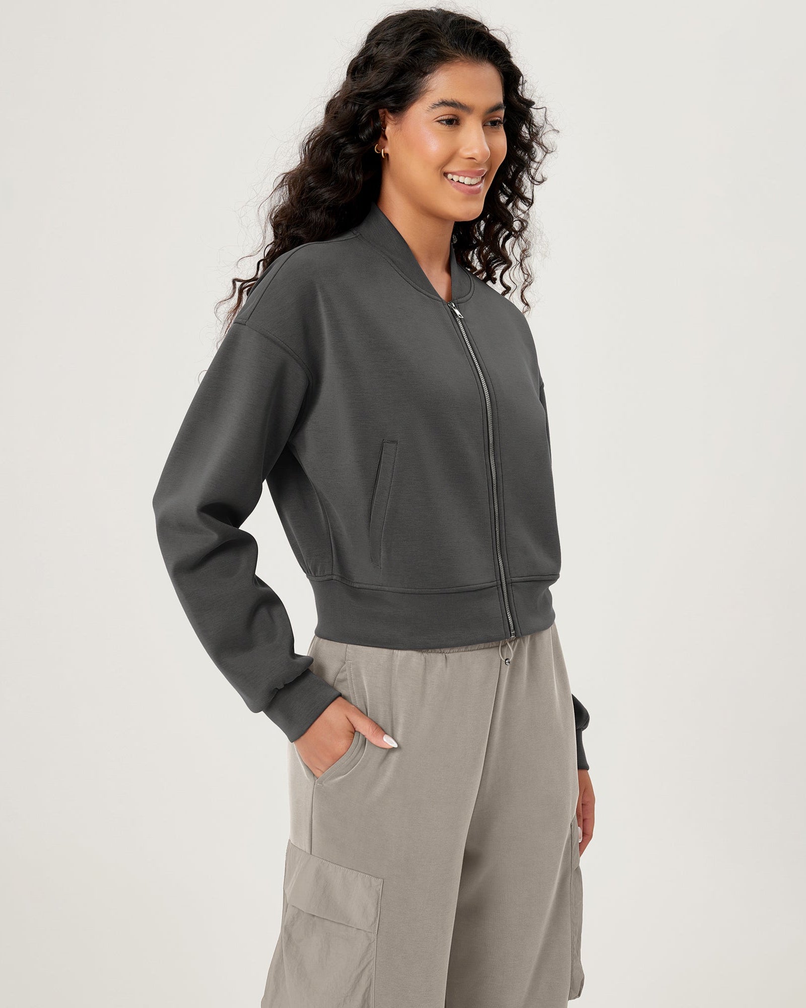 Modal Soft Full-Zip Bomber Casual Outfit Crop Jacket with Pockets - ododos