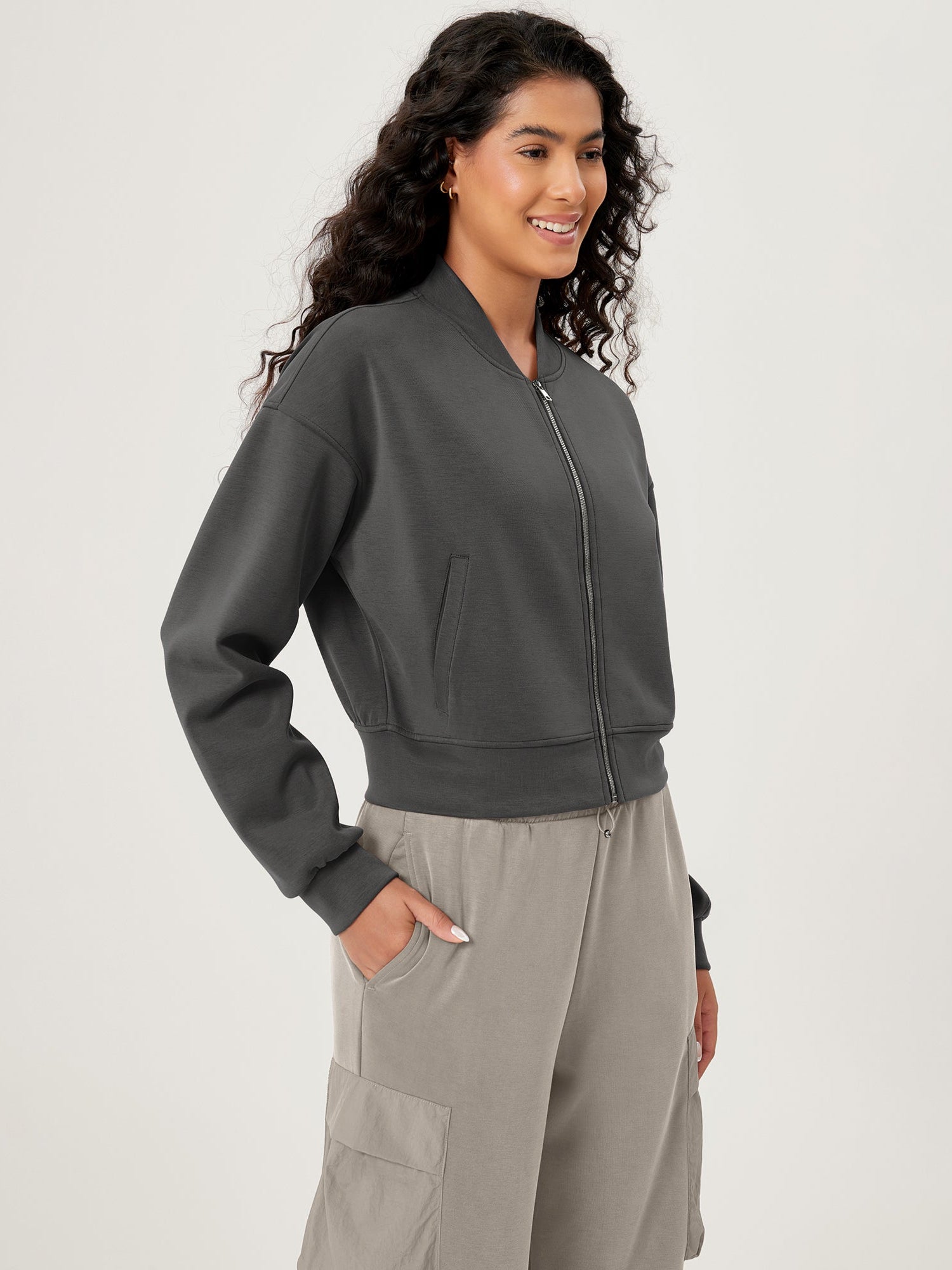 Modal Soft Full-Zip Bomber Casual Outfit Crop Jacket with Pockets - ododos