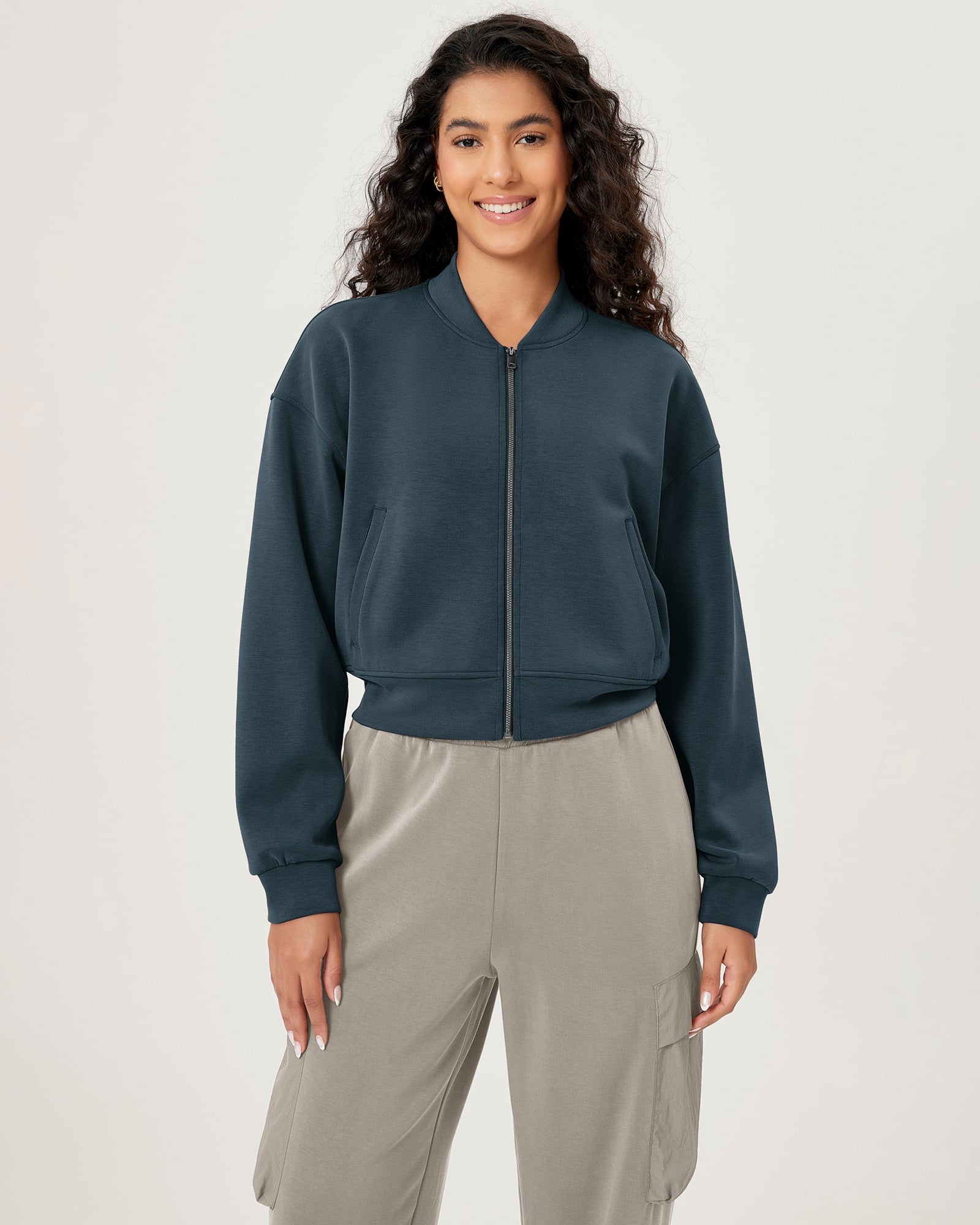 Modal Soft Full-Zip Bomber Casual Outfit Crop Jacket with Pockets Deep Blue - ododos