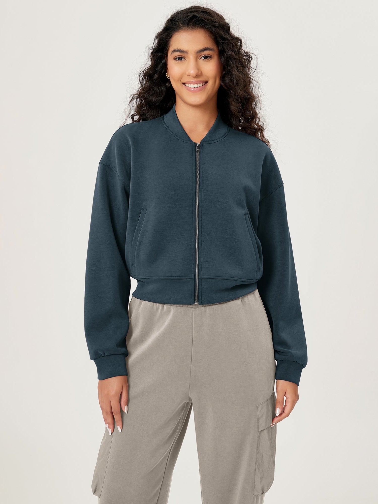 Modal Soft Full-Zip Bomber Casual Outfit Crop Jacket with Pockets Deep Blue - ododos