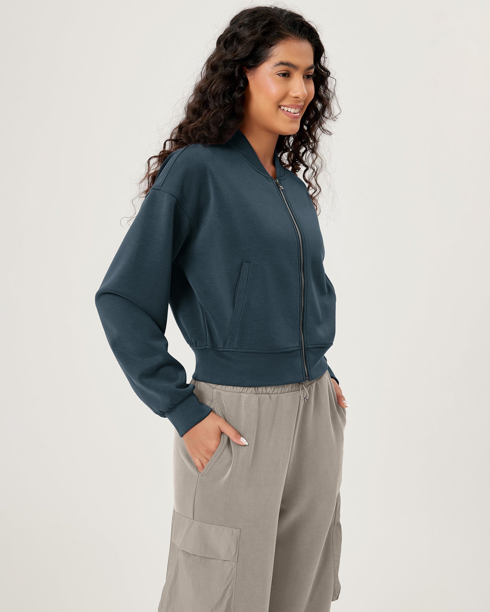 Modal Soft Full-Zip Bomber Casual Outfit Crop Jacket with Pockets - ododos
