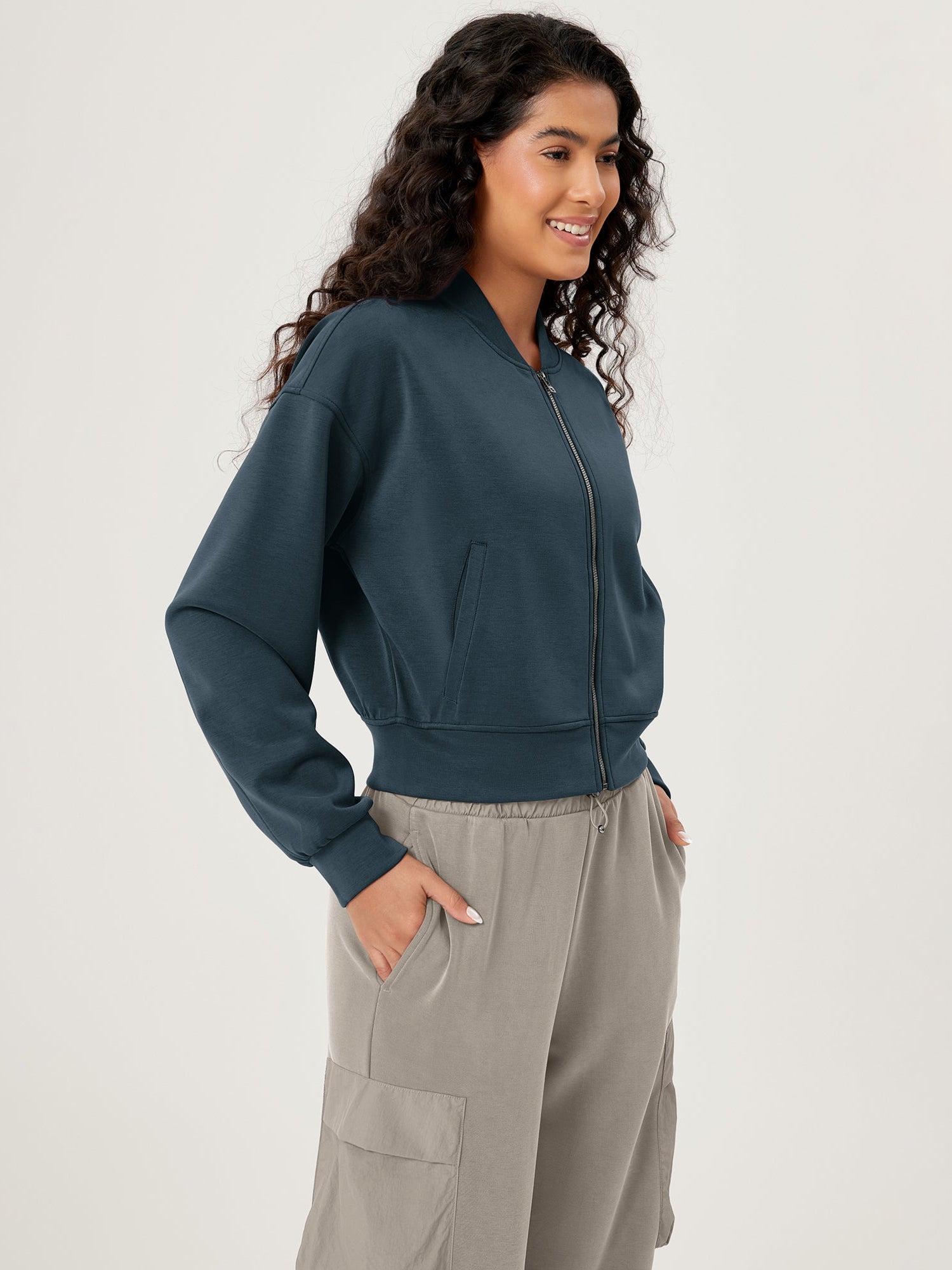 Modal Soft Full-Zip Bomber Casual Outfit Crop Jacket with Pockets - ododos