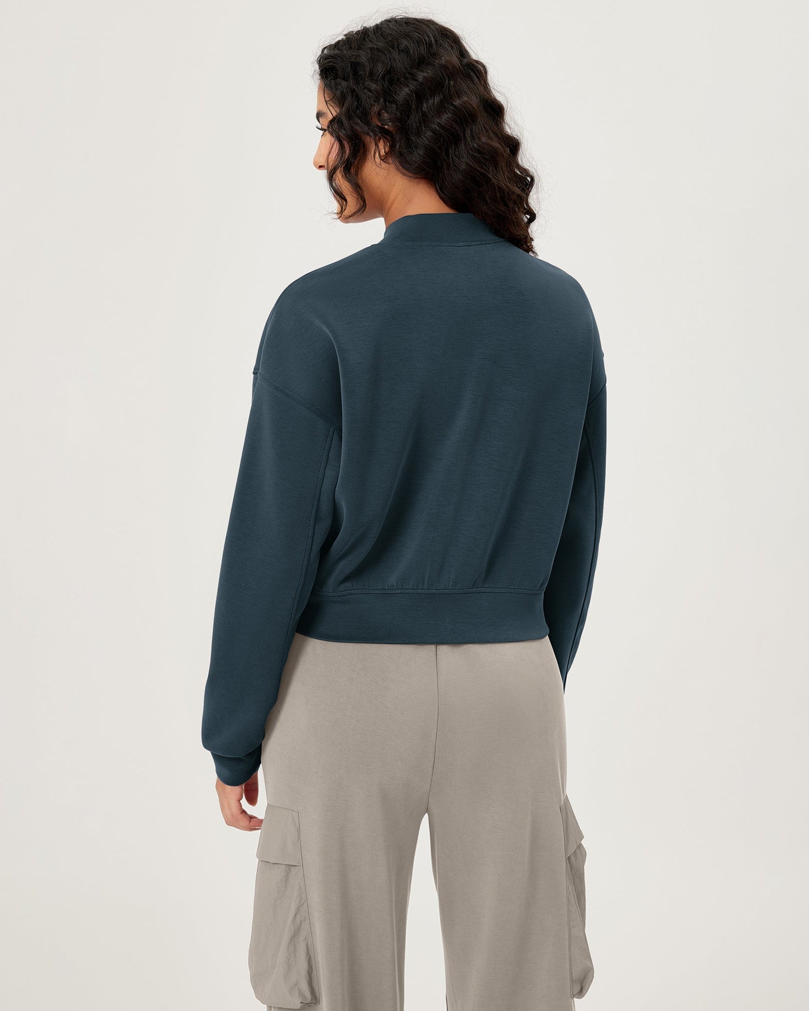 Modal Soft Full-Zip Bomber Casual Outfit Crop Jacket with Pockets - ododos