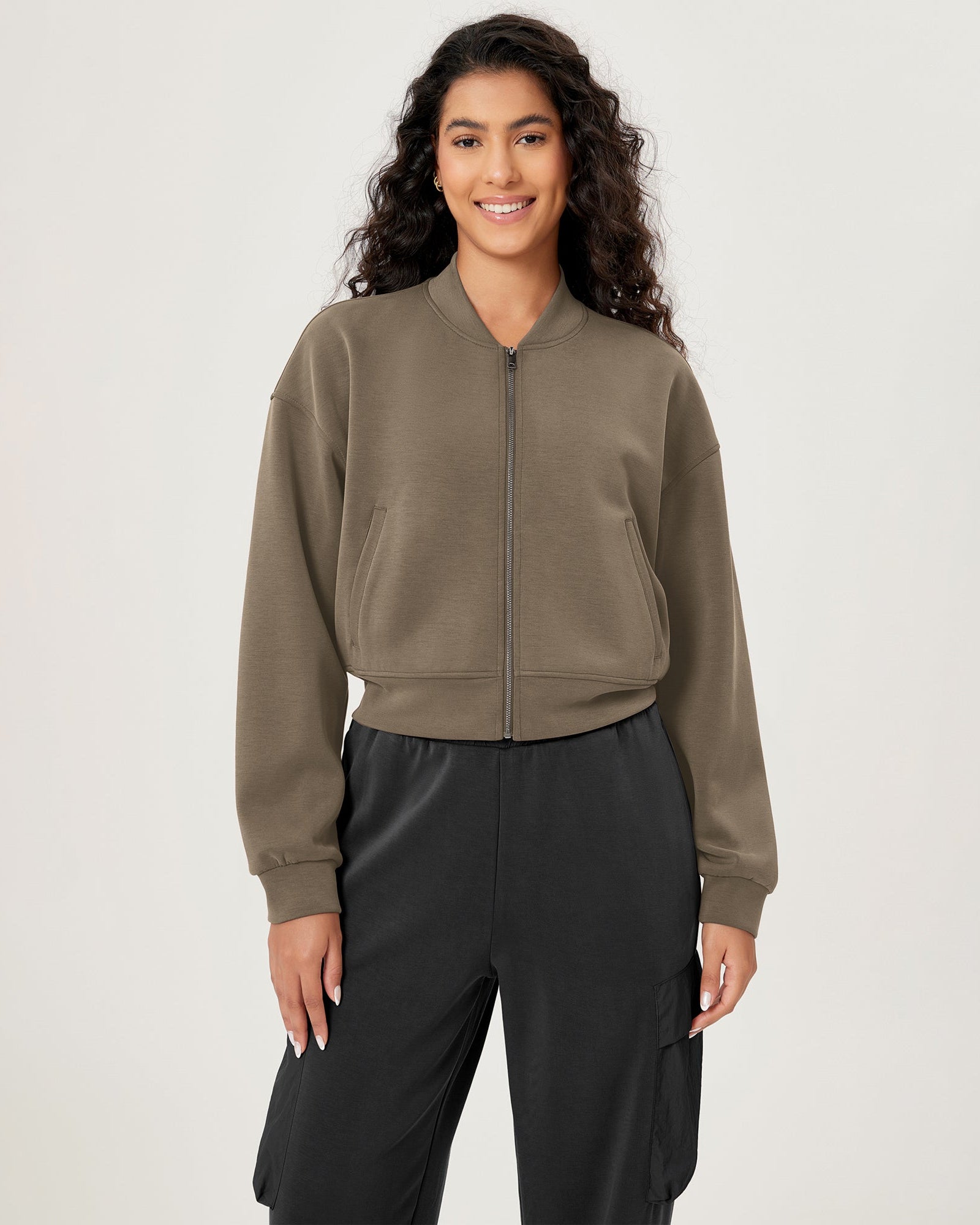Modal Soft Full-Zip Bomber Casual Outfit Crop Jacket with Pockets Espresso - ododos
