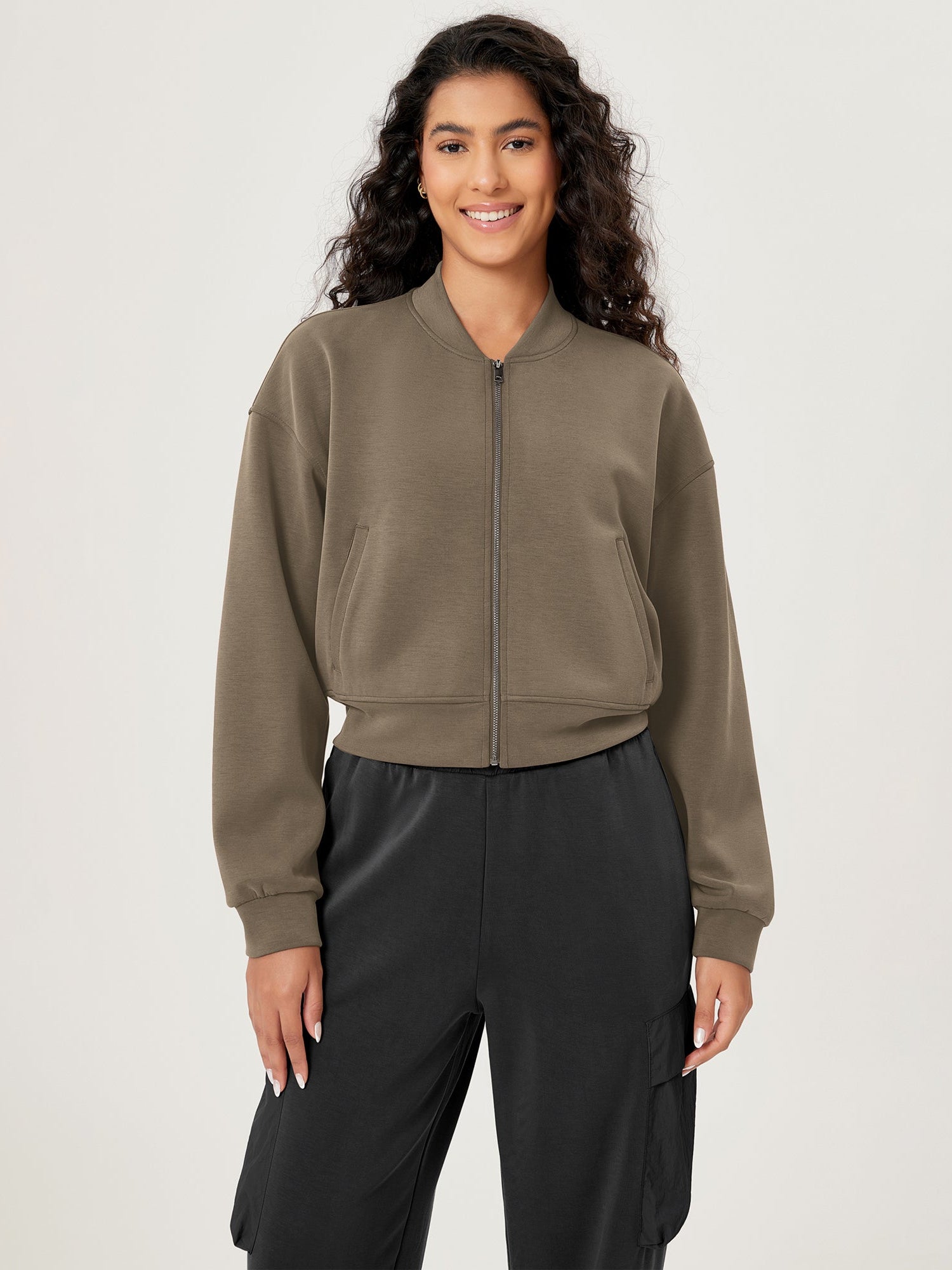 Modal Soft Full-Zip Bomber Casual Outfit Crop Jacket with Pockets Espresso - ododos