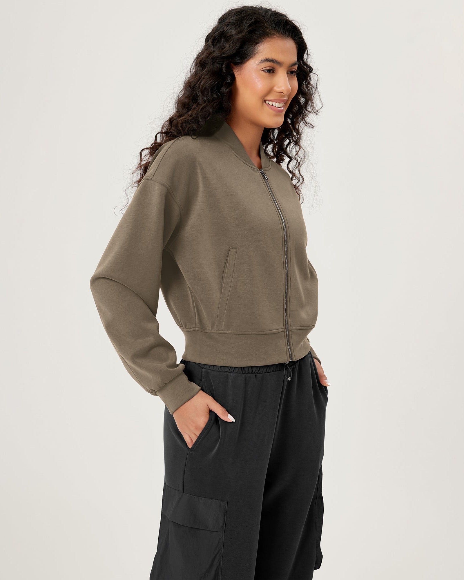 Modal Soft Full-Zip Bomber Casual Outfit Crop Jacket with Pockets - ododos