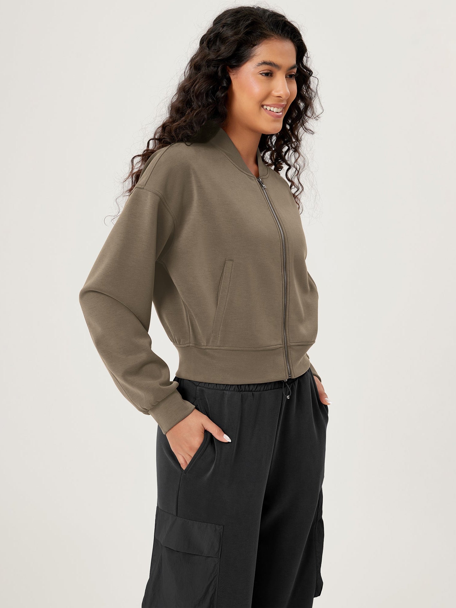 Modal Soft Full-Zip Bomber Casual Outfit Crop Jacket with Pockets - ododos