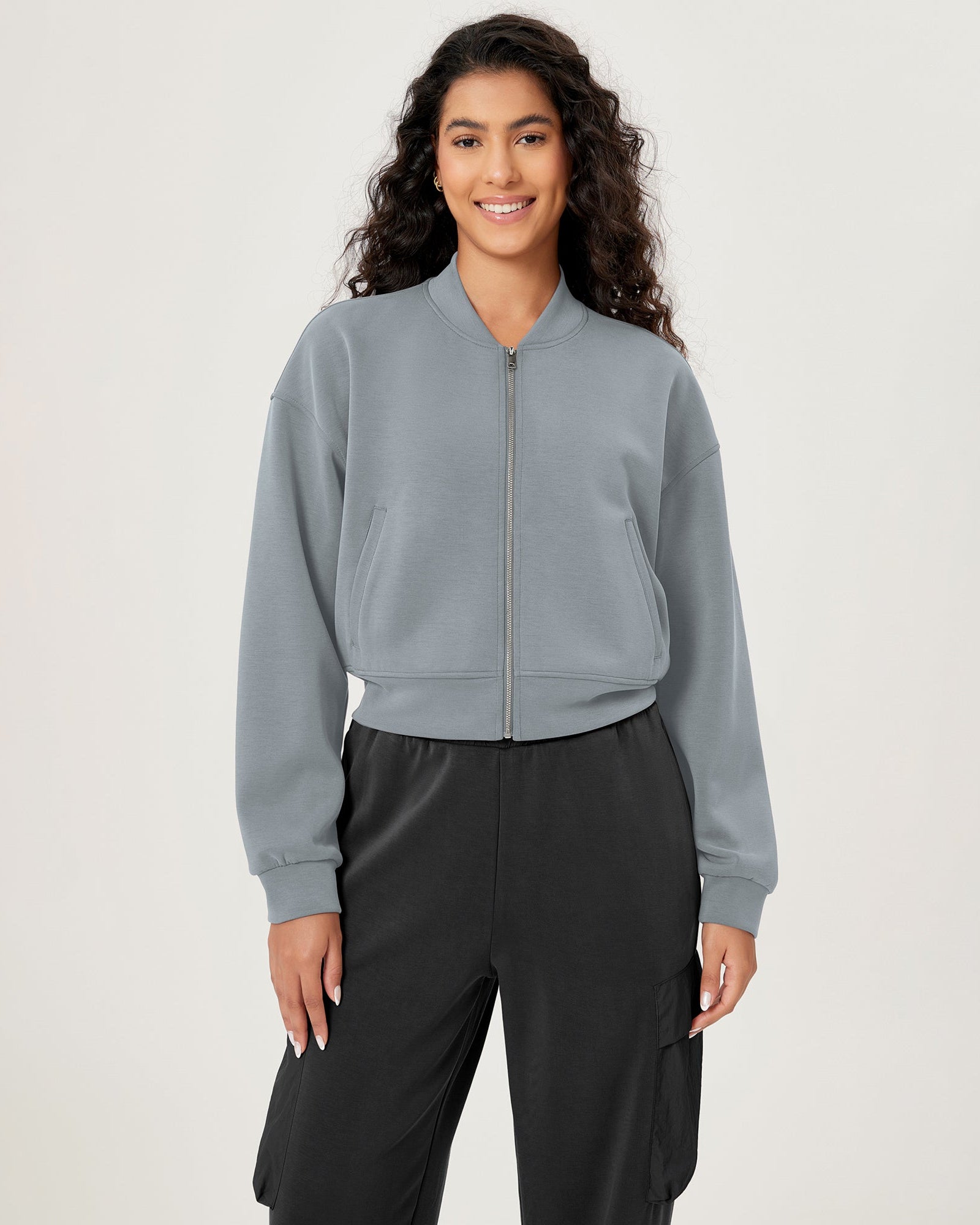 Modal Soft Full-Zip Bomber Casual Outfit Crop Jacket with Pockets Grey Blue - ododos