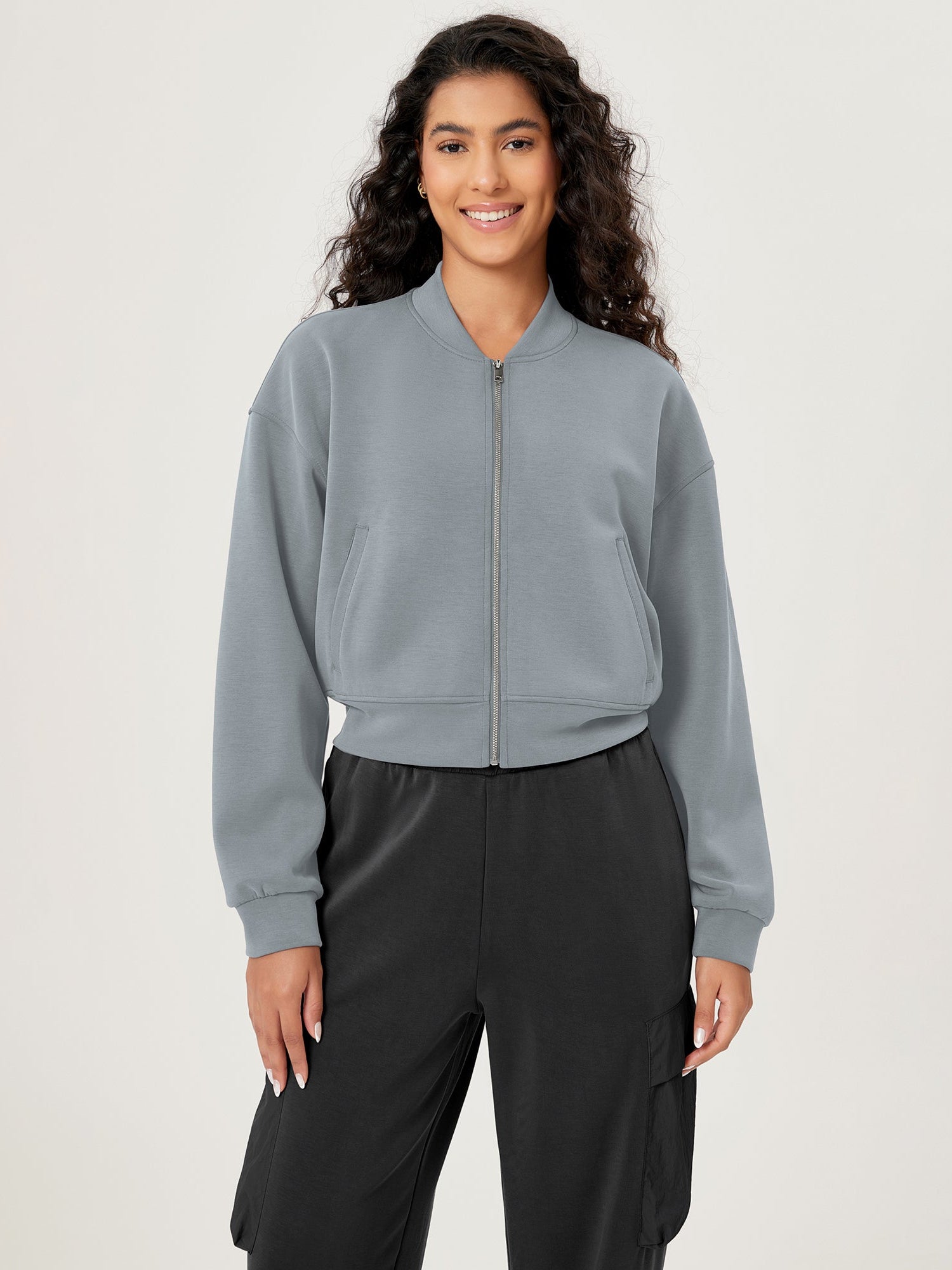 Modal Soft Full-Zip Bomber Casual Outfit Crop Jacket with Pockets Grey Blue - ododos