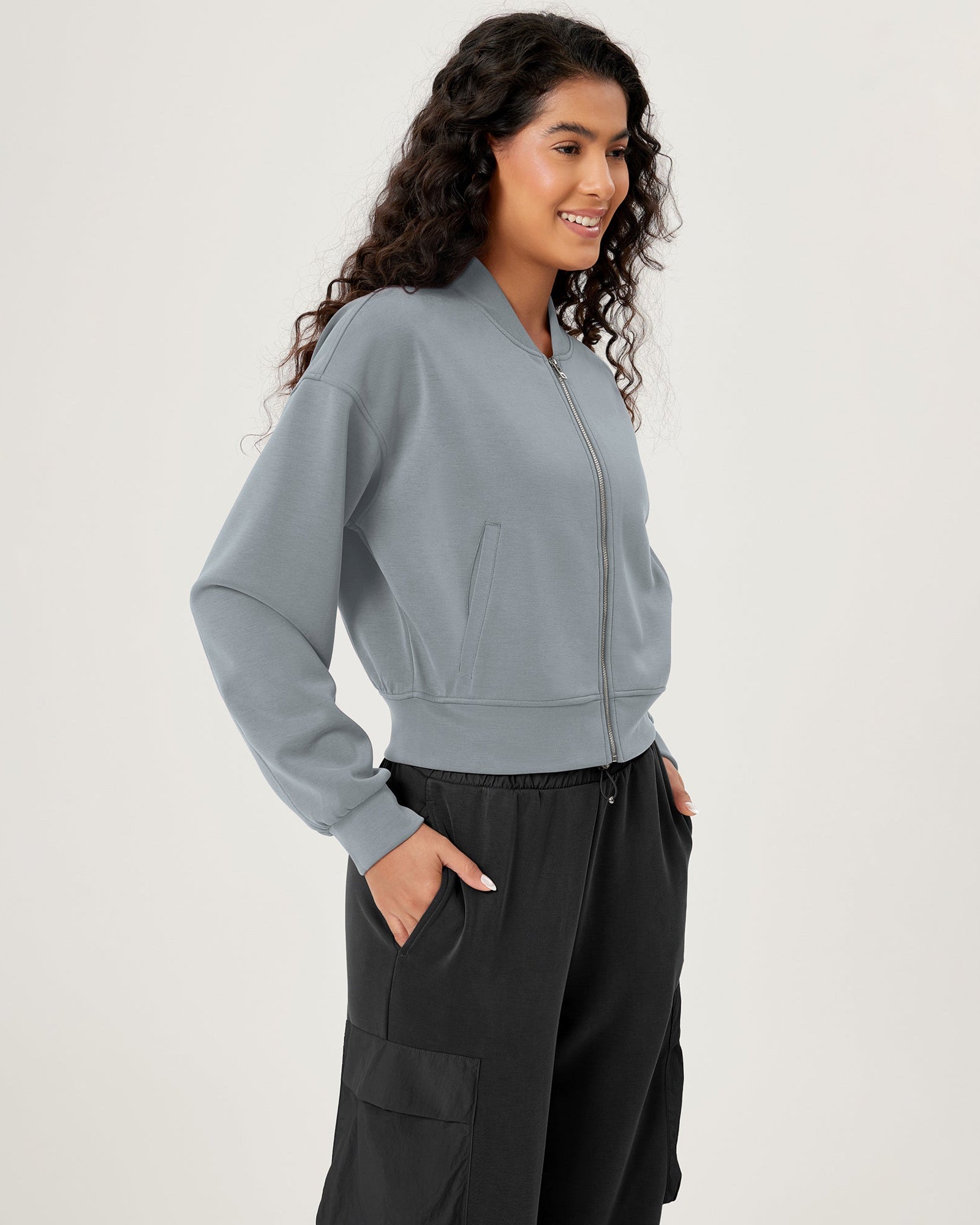 Modal Soft Full-Zip Bomber Casual Outfit Crop Jacket with Pockets - ododos