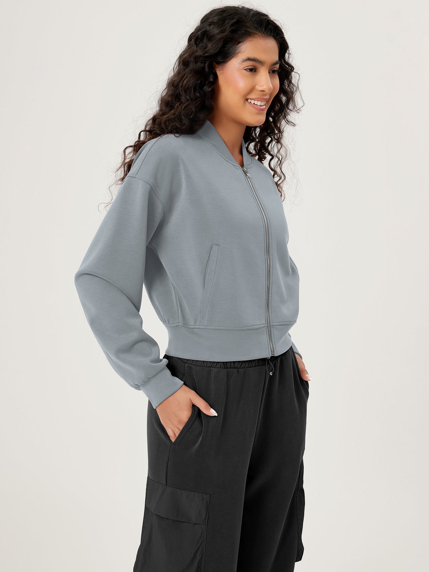 Modal Soft Full-Zip Bomber Casual Outfit Crop Jacket with Pockets - ododos