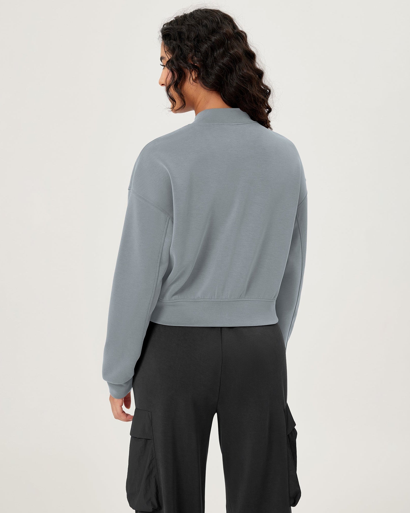 Modal Soft Full-Zip Bomber Casual Outfit Crop Jacket with Pockets - ododos