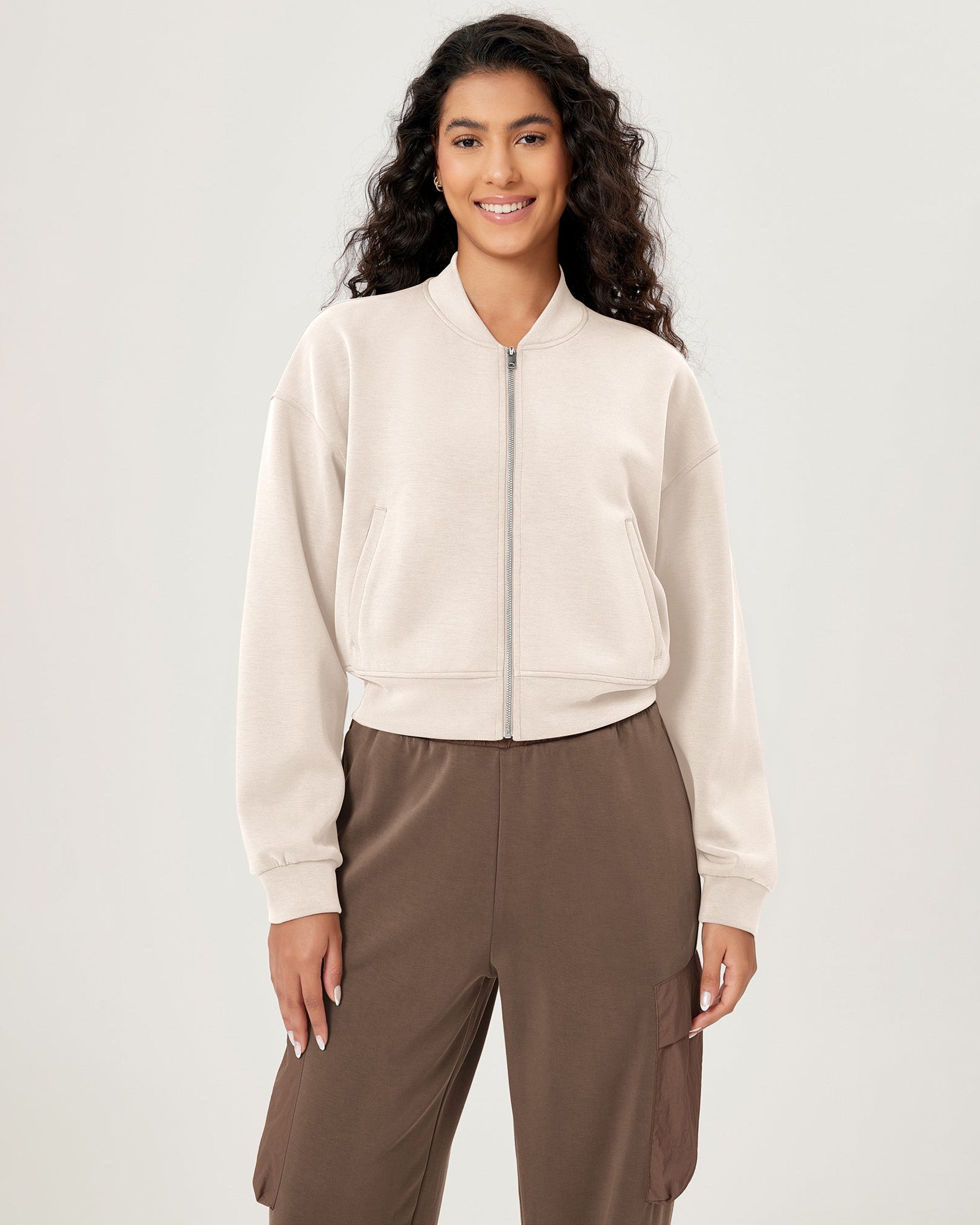 Modal Soft Full-Zip Bomber Casual Outfit Crop Jacket with Pockets Ivory - ododos