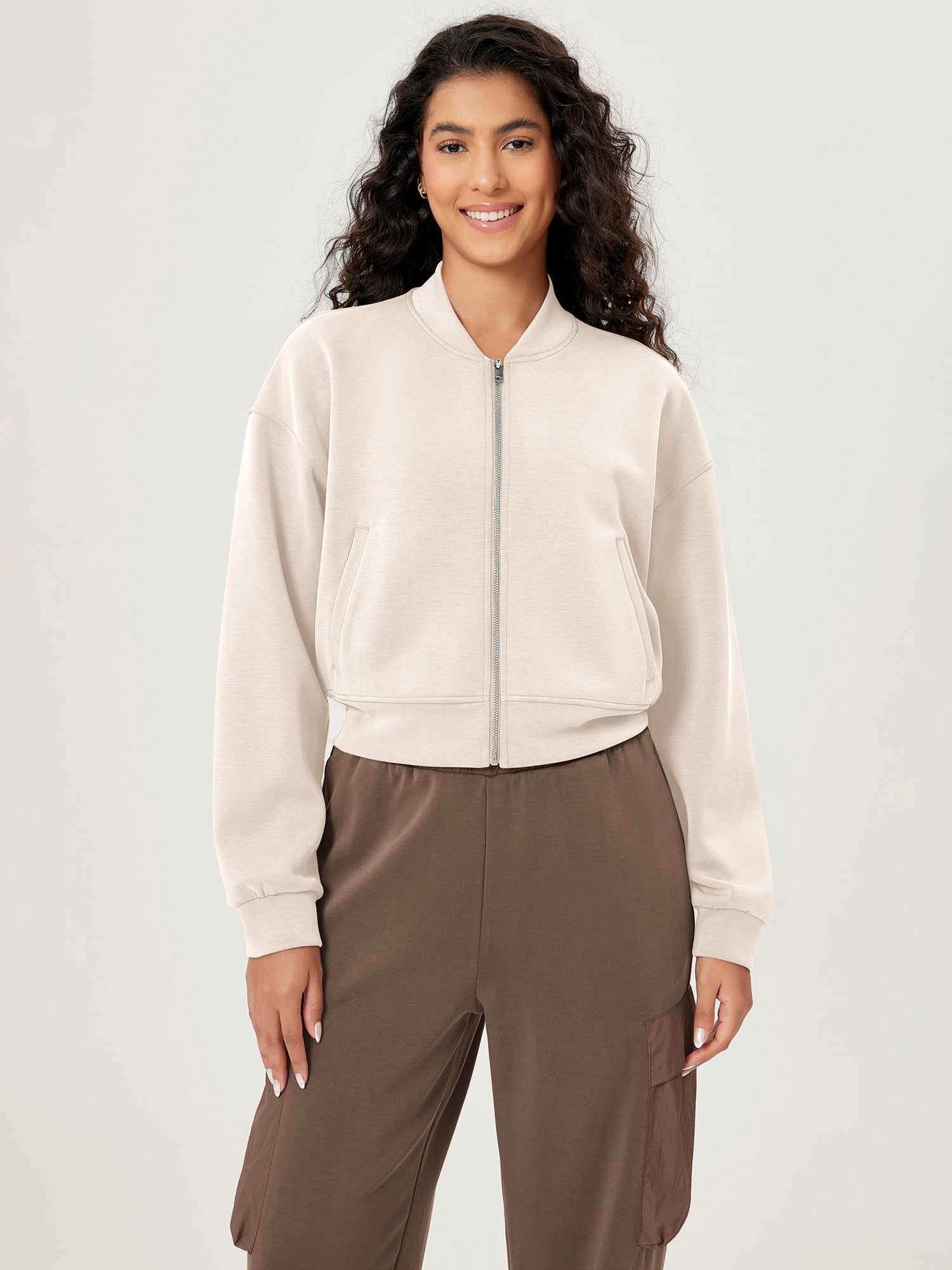 Modal Soft Full-Zip Bomber Casual Outfit Crop Jacket with Pockets Ivory - ododos