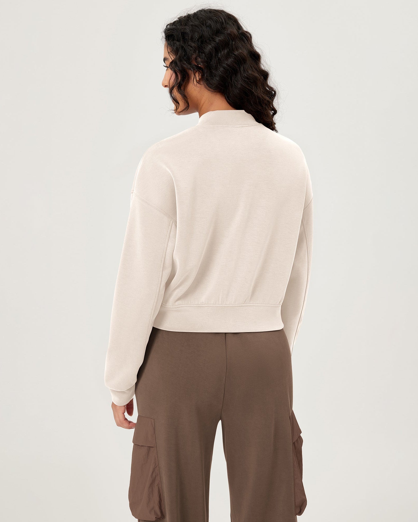Modal Soft Full-Zip Bomber Casual Outfit Crop Jacket with Pockets - ododos