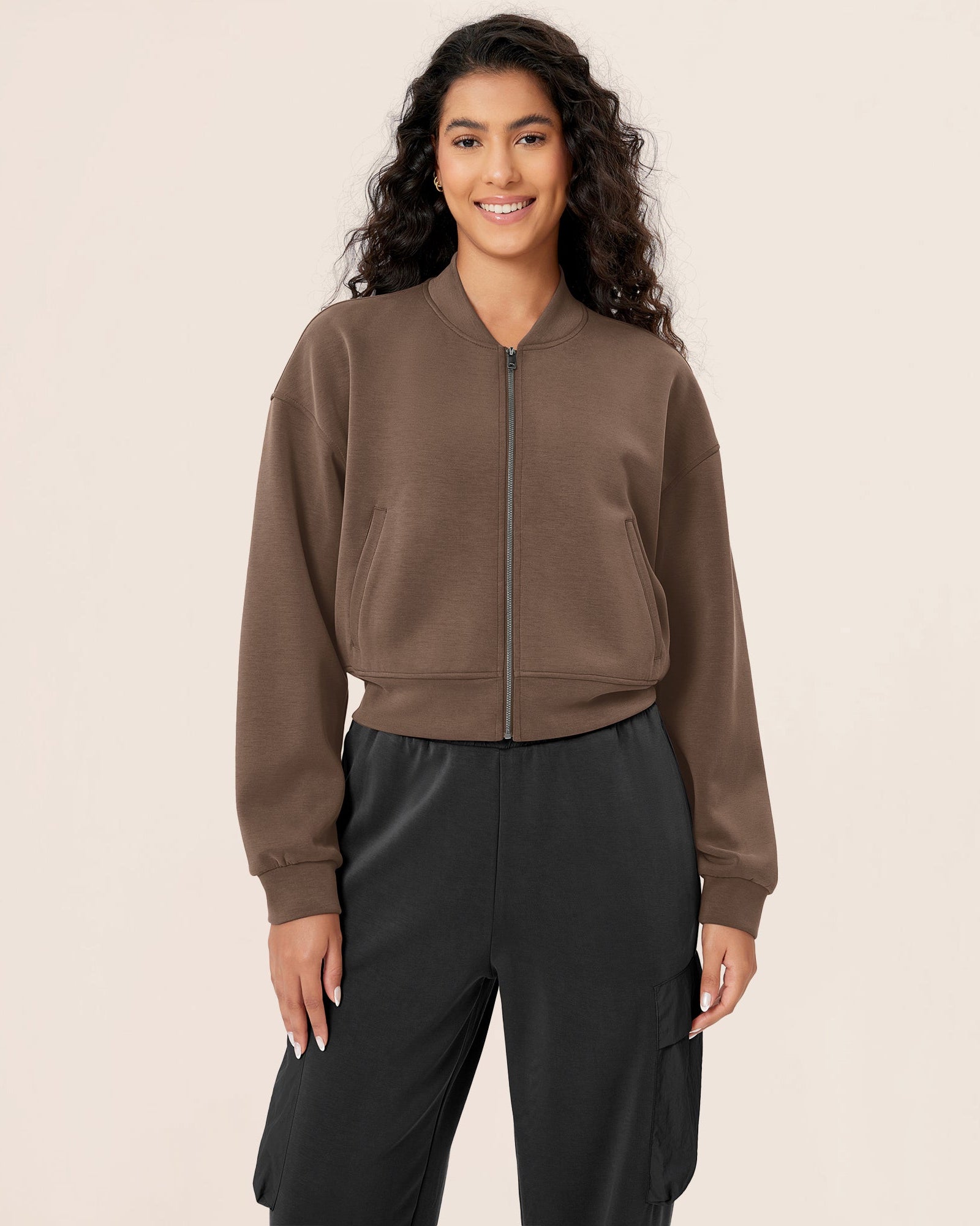 Modal Soft Full-Zip Bomber Casual Outfit Crop Jacket with Pockets Nutria - ododos
