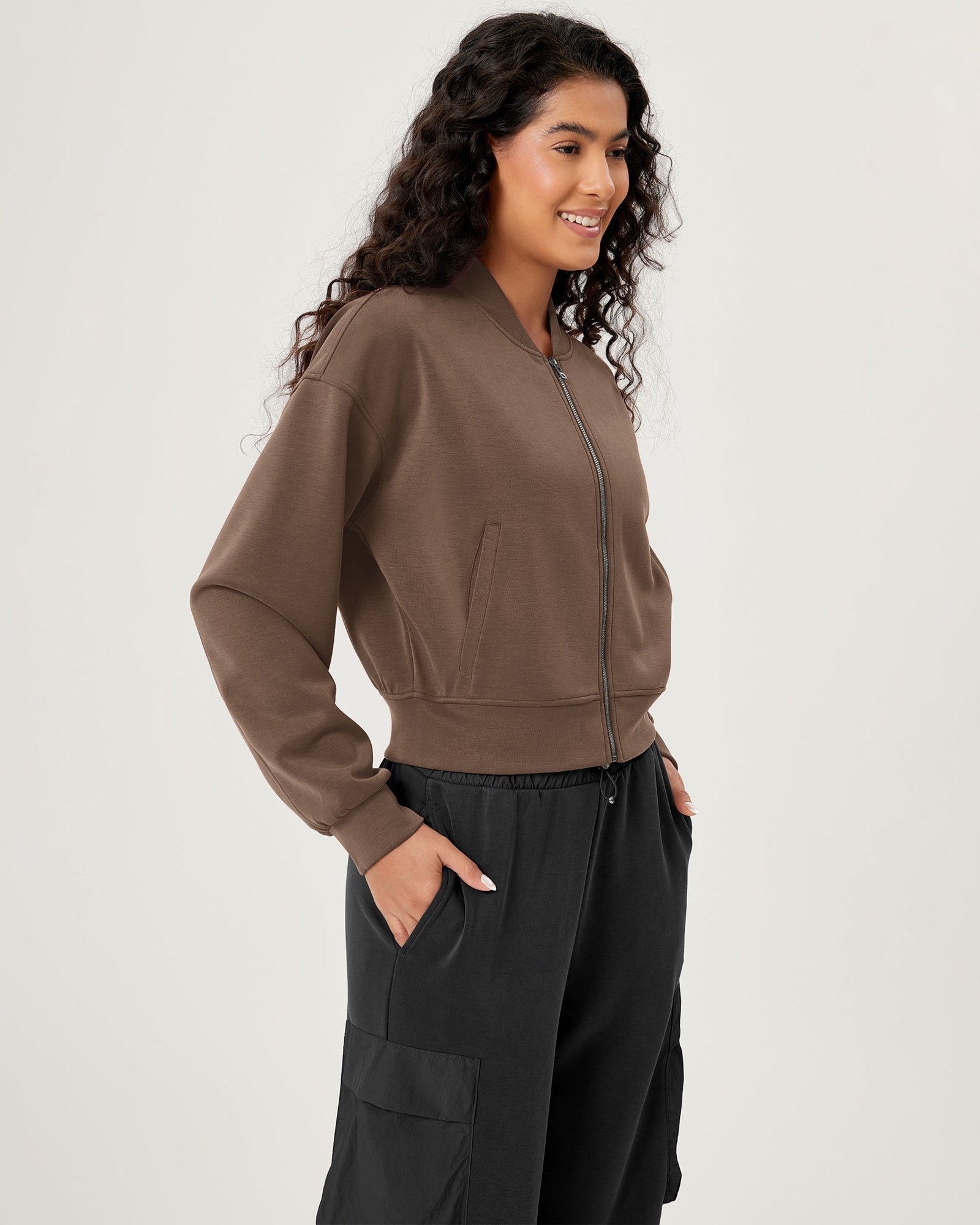 Modal Soft Full-Zip Bomber Casual Outfit Crop Jacket with Pockets - ododos