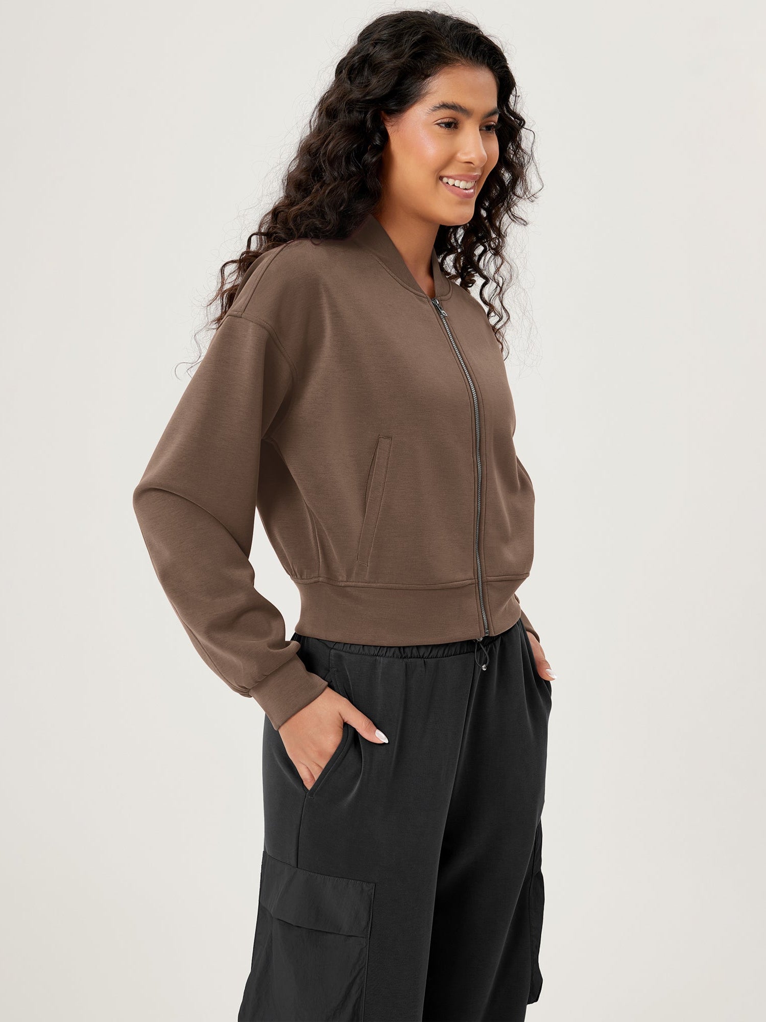 Modal Soft Full-Zip Bomber Casual Outfit Crop Jacket with Pockets - ododos