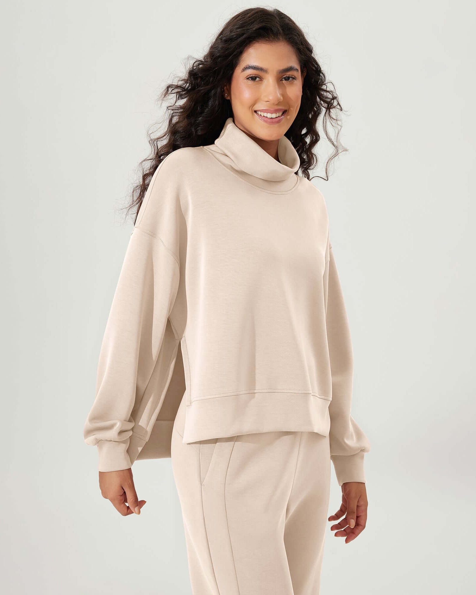 Modal Soft Split Hem Turtleneck Long Sleeve Casual Sweatshirts - ododos