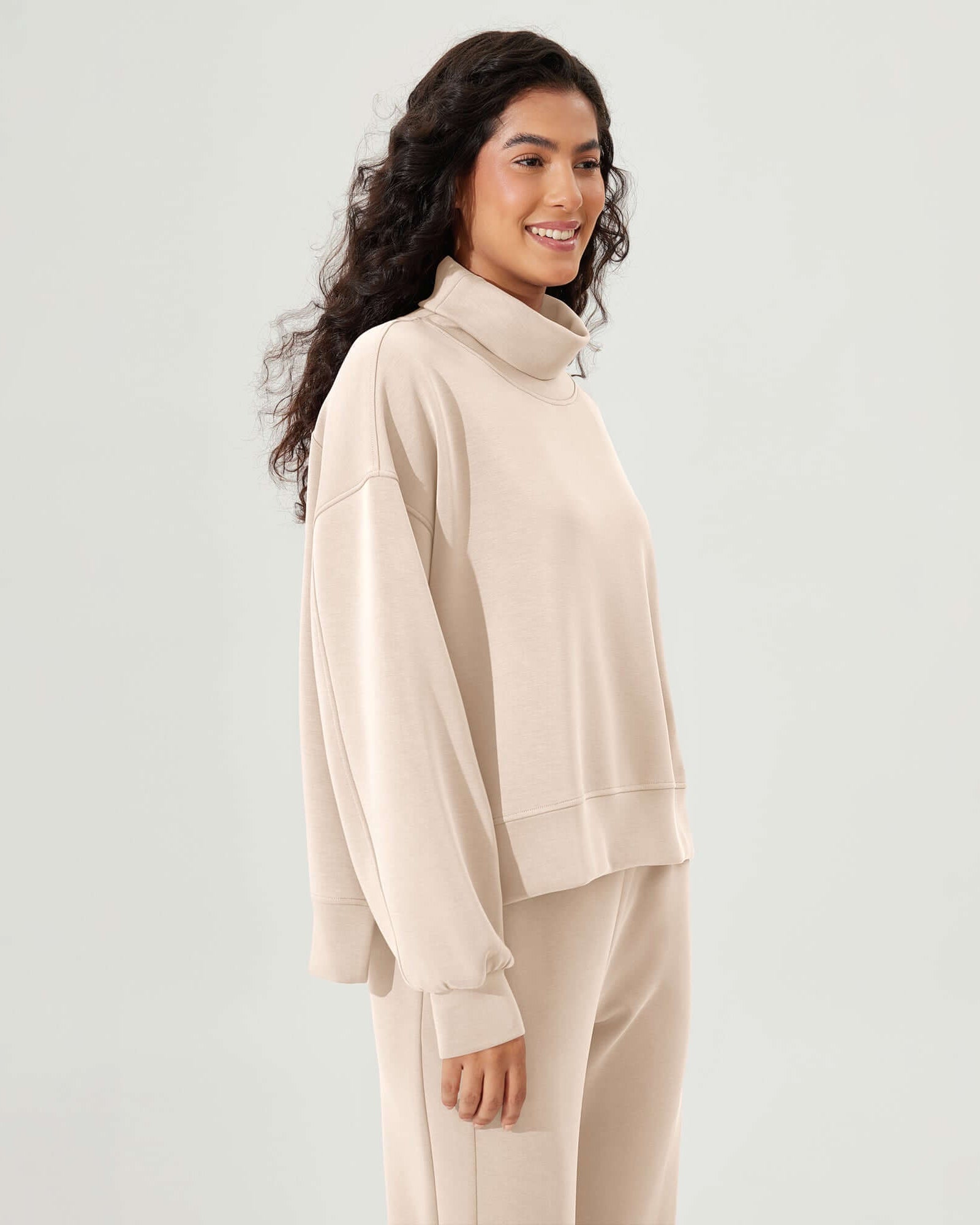 Modal Soft Split Hem Turtleneck Long Sleeve Casual Sweatshirts - ododos