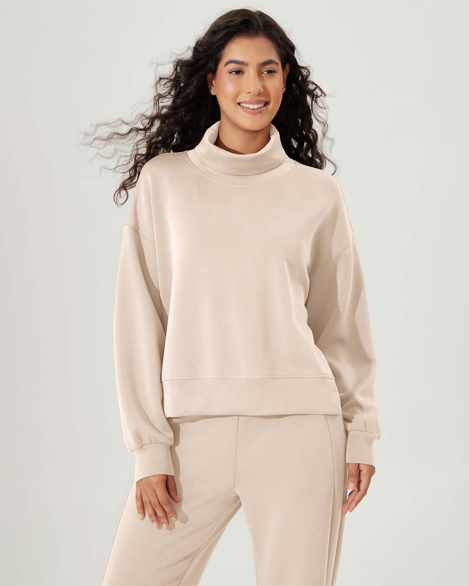 Modal Soft Split Hem Turtleneck Long Sleeve Casual Sweatshirts - ododos