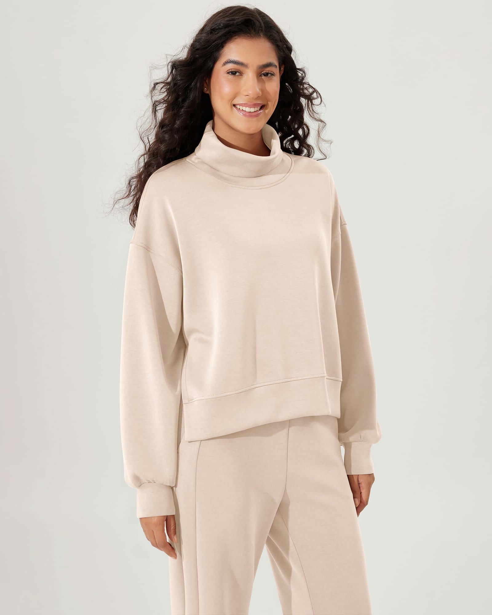 Modal Soft Split Hem Turtleneck Long Sleeve Casual Sweatshirts Beige - ododos
