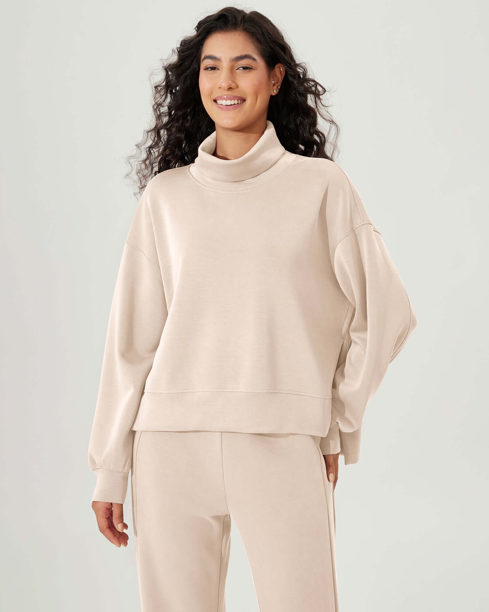 Modal Soft Split Hem Turtleneck Long Sleeve Casual Sweatshirts - ododos