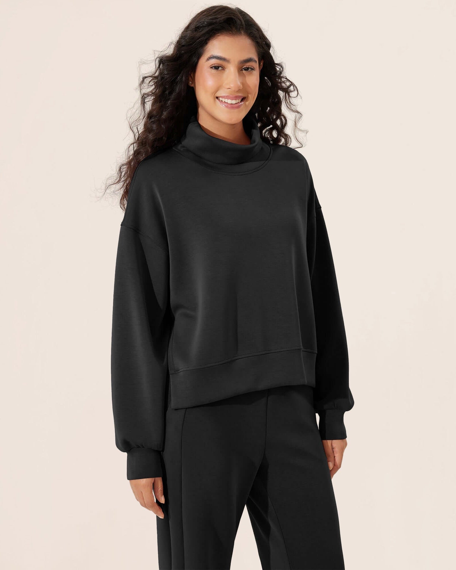 Modal Soft Split Hem Turtleneck Long Sleeve Casual Sweatshirts - ododos