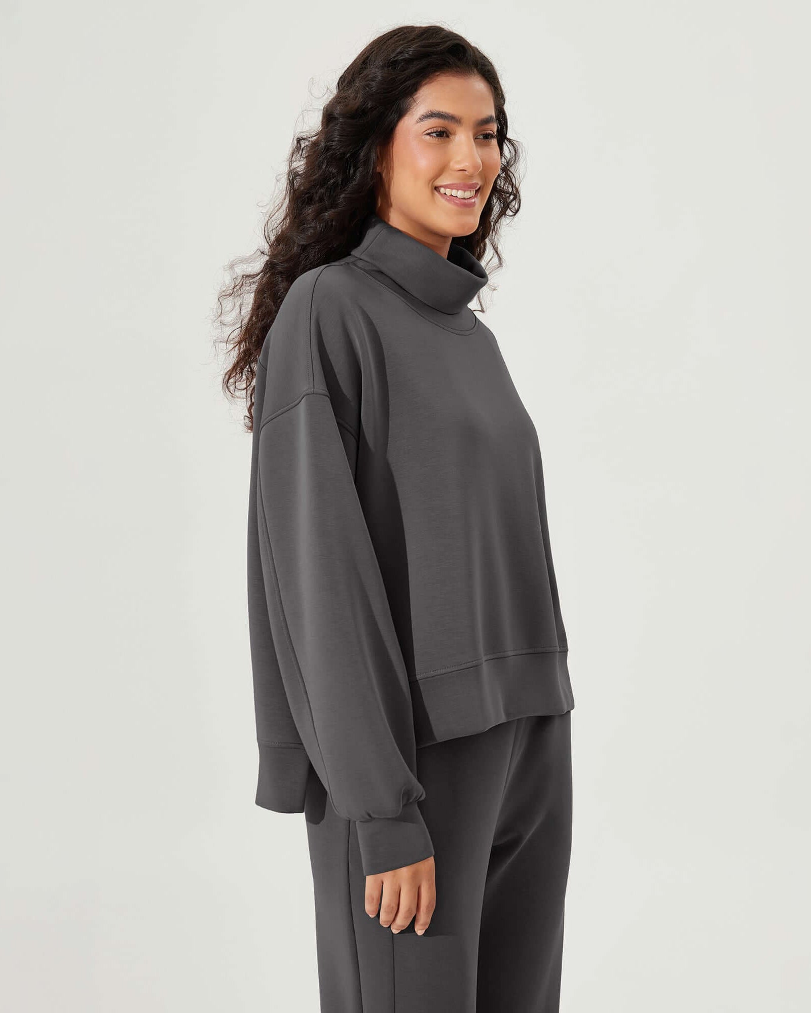 Modal Soft Split Hem Turtleneck Long Sleeve Casual Sweatshirts - ododos