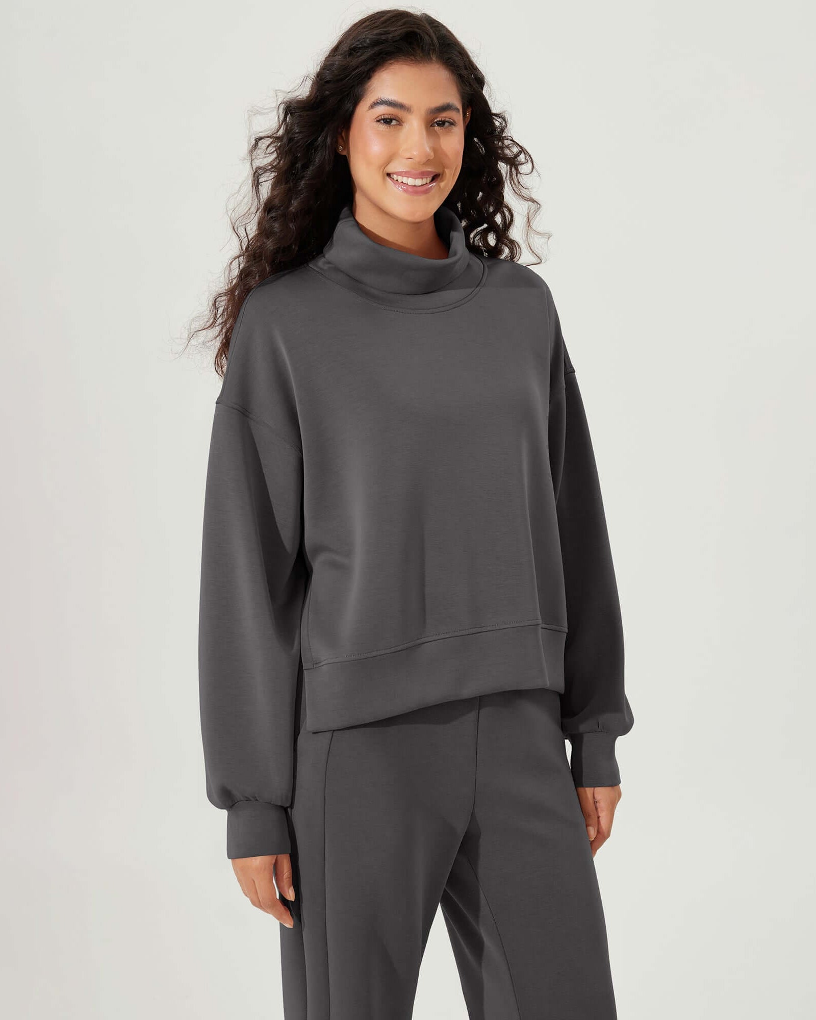 Modal Soft Split Hem Turtleneck Long Sleeve Casual Sweatshirts Charcoal - ododos