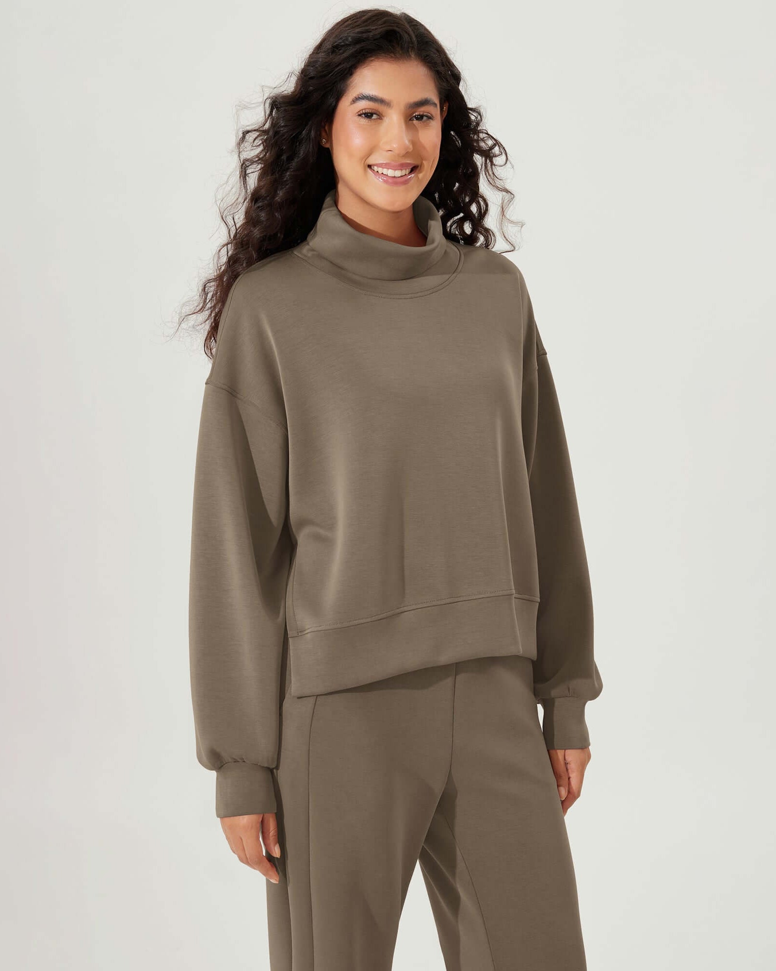 Modal Soft Split Hem Turtleneck Long Sleeve Casual Sweatshirts Espresso - ododos