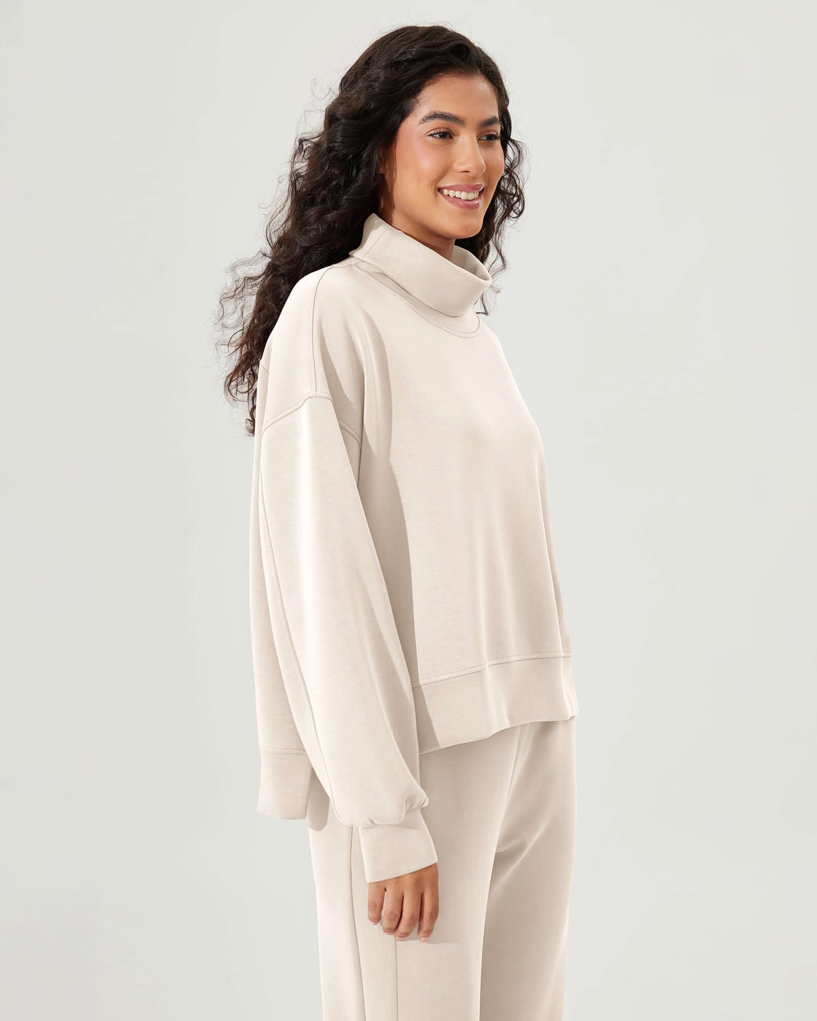 Modal Soft Split Hem Turtleneck Long Sleeve Casual Sweatshirts - ododos