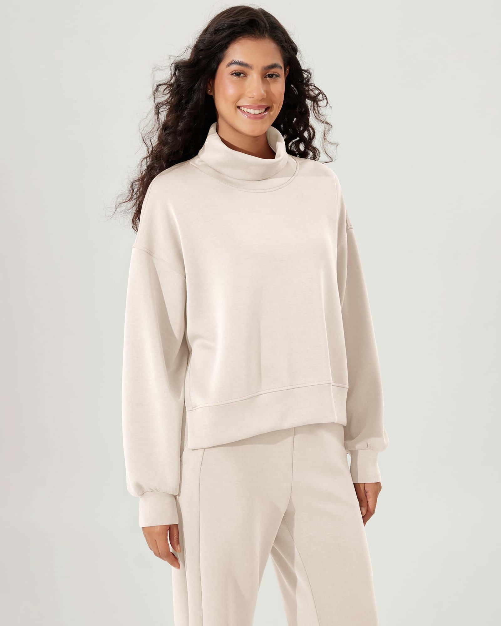 Modal Soft Split Hem Turtleneck Long Sleeve Casual Sweatshirts Ivory - ododos