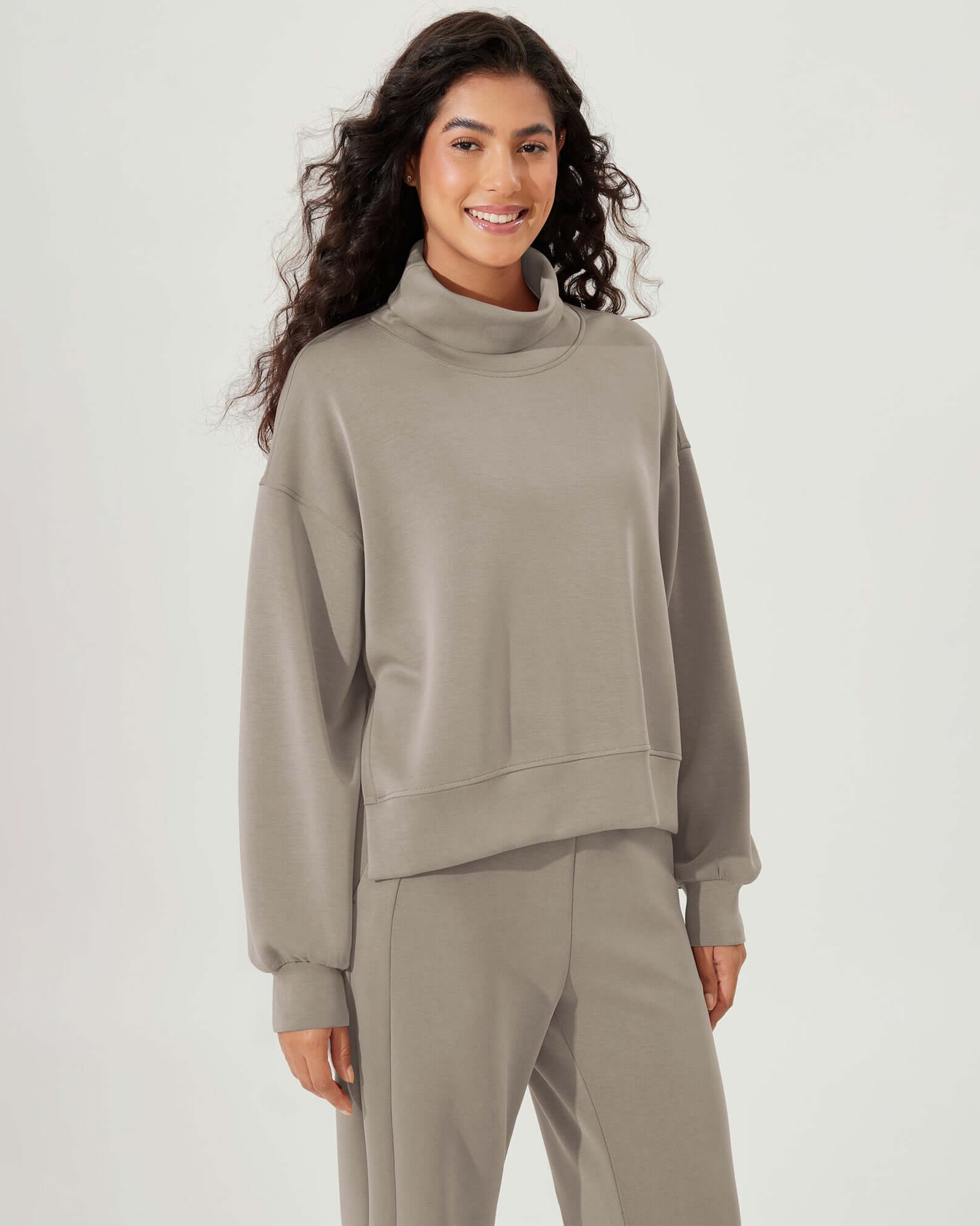 Modal Soft Split Hem Turtleneck Long Sleeve Casual Sweatshirts Khaki - ododos