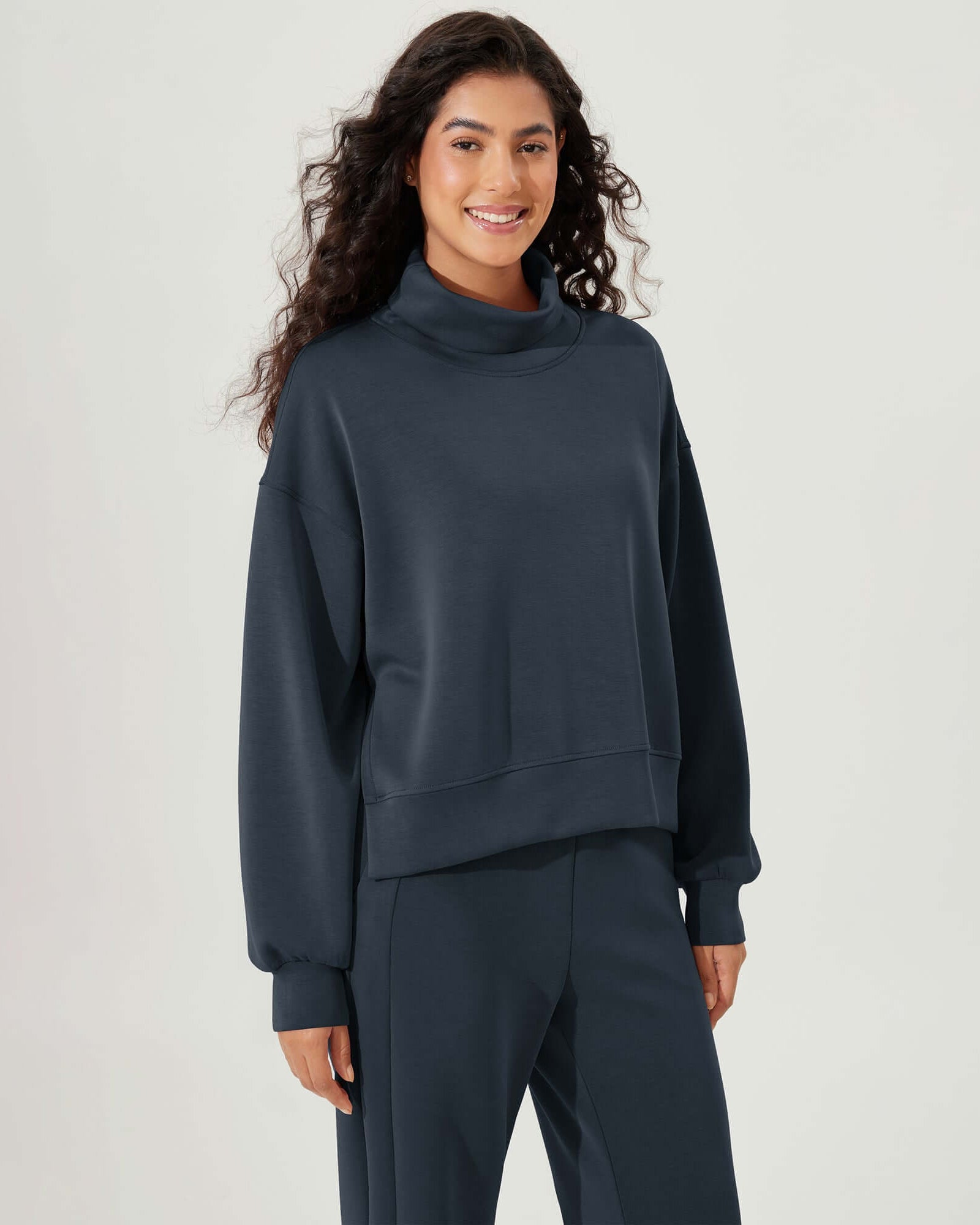 Modal Soft Split Hem Turtleneck Long Sleeve Casual Sweatshirts Navy - ododos
