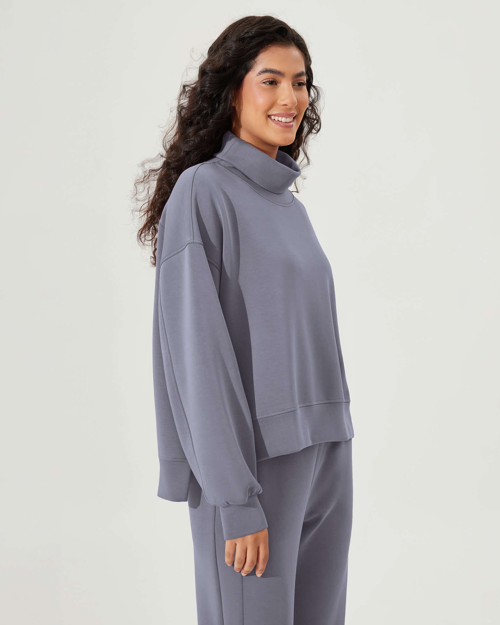 Modal Soft Split Hem Turtleneck Long Sleeve Casual Sweatshirts - ododos