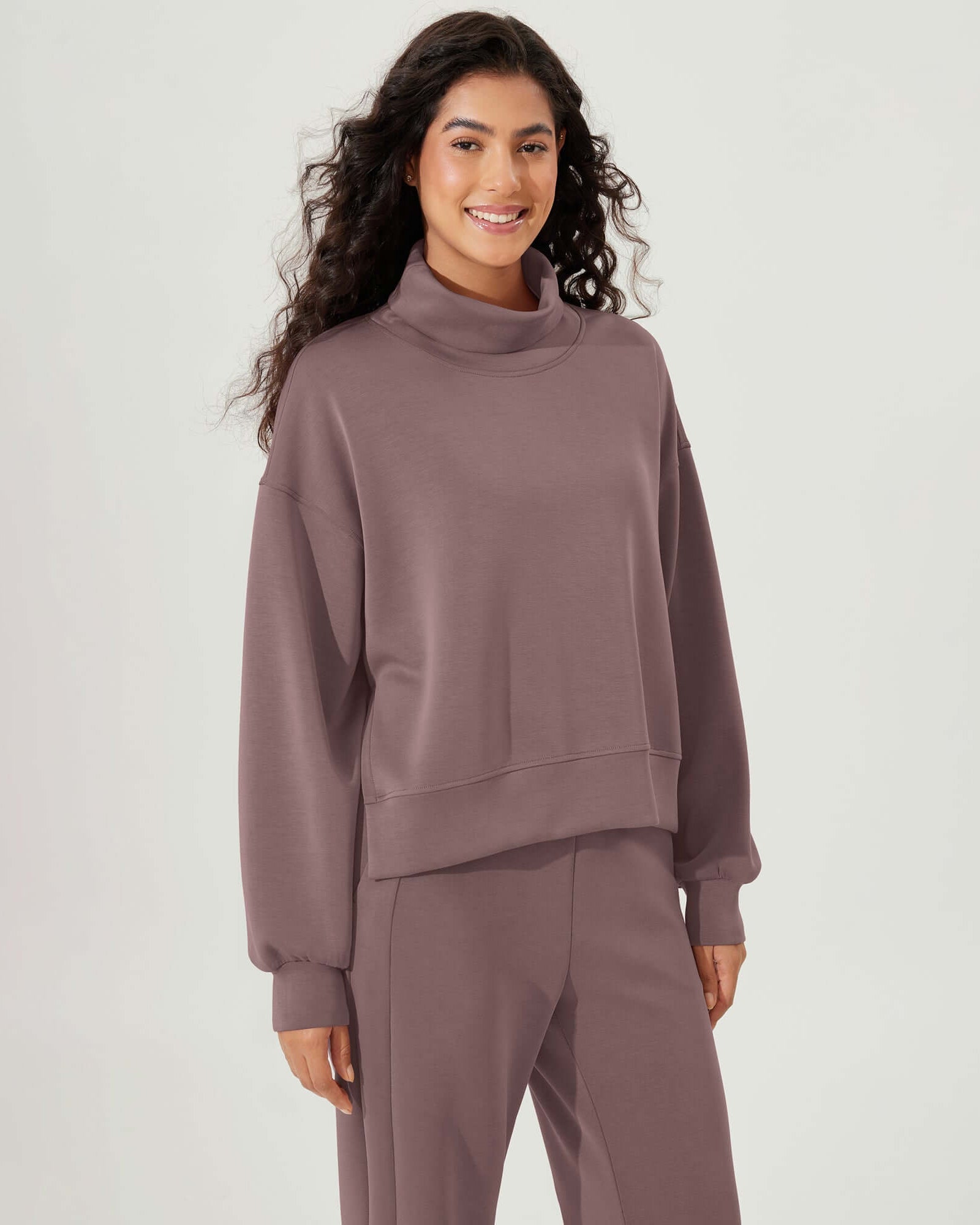 Modal Soft Split Hem Turtleneck Long Sleeve Casual Sweatshirts Rose Taupe - ododos