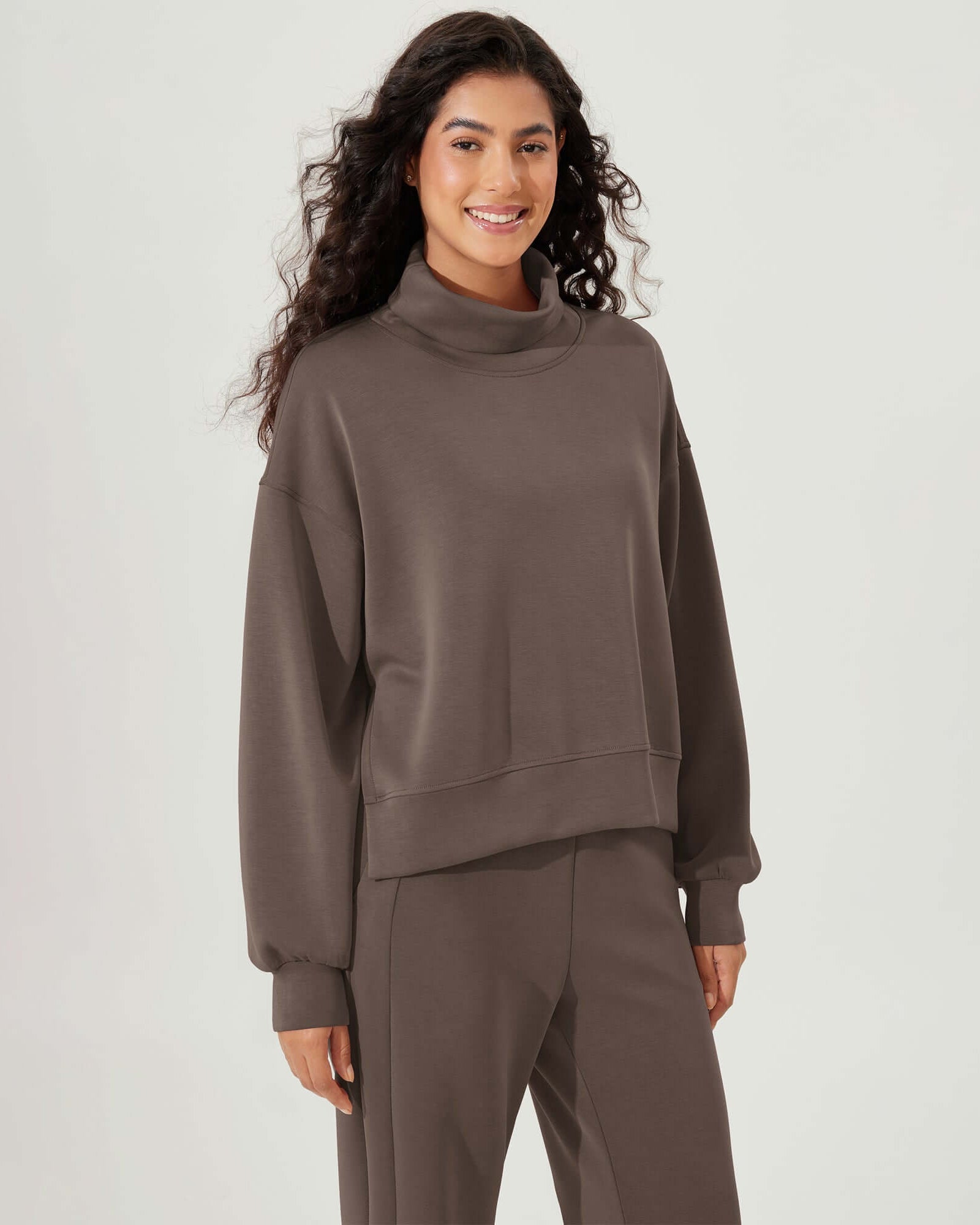 Modal Soft Split Hem Turtleneck Long Sleeve Casual Sweatshirts Wood Brown - ododos