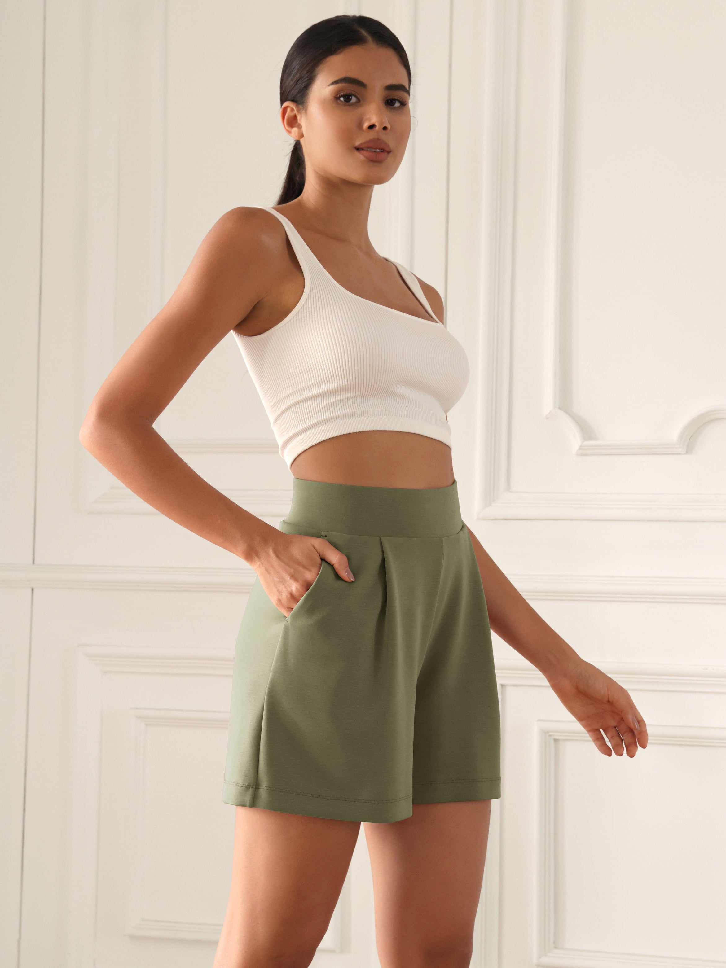Modal Soft High Waist Wide Leg Shorts with Pockets Dark Sage 4 inches - ododos