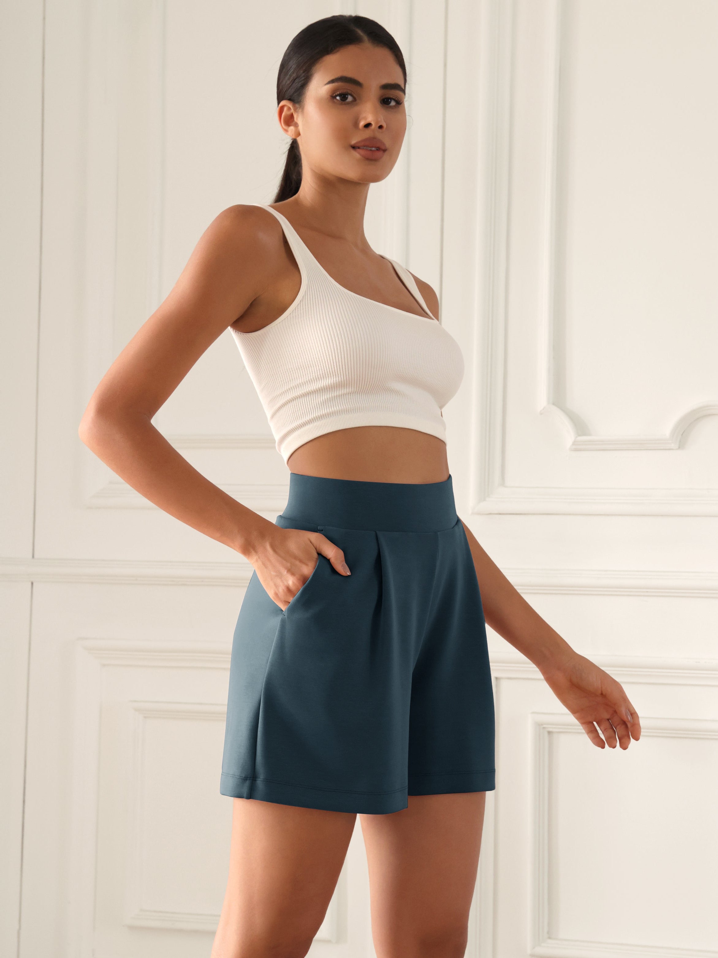 Modal Soft High Waist Wide Leg Shorts with Pockets Deep Blue 4 inches - ododos