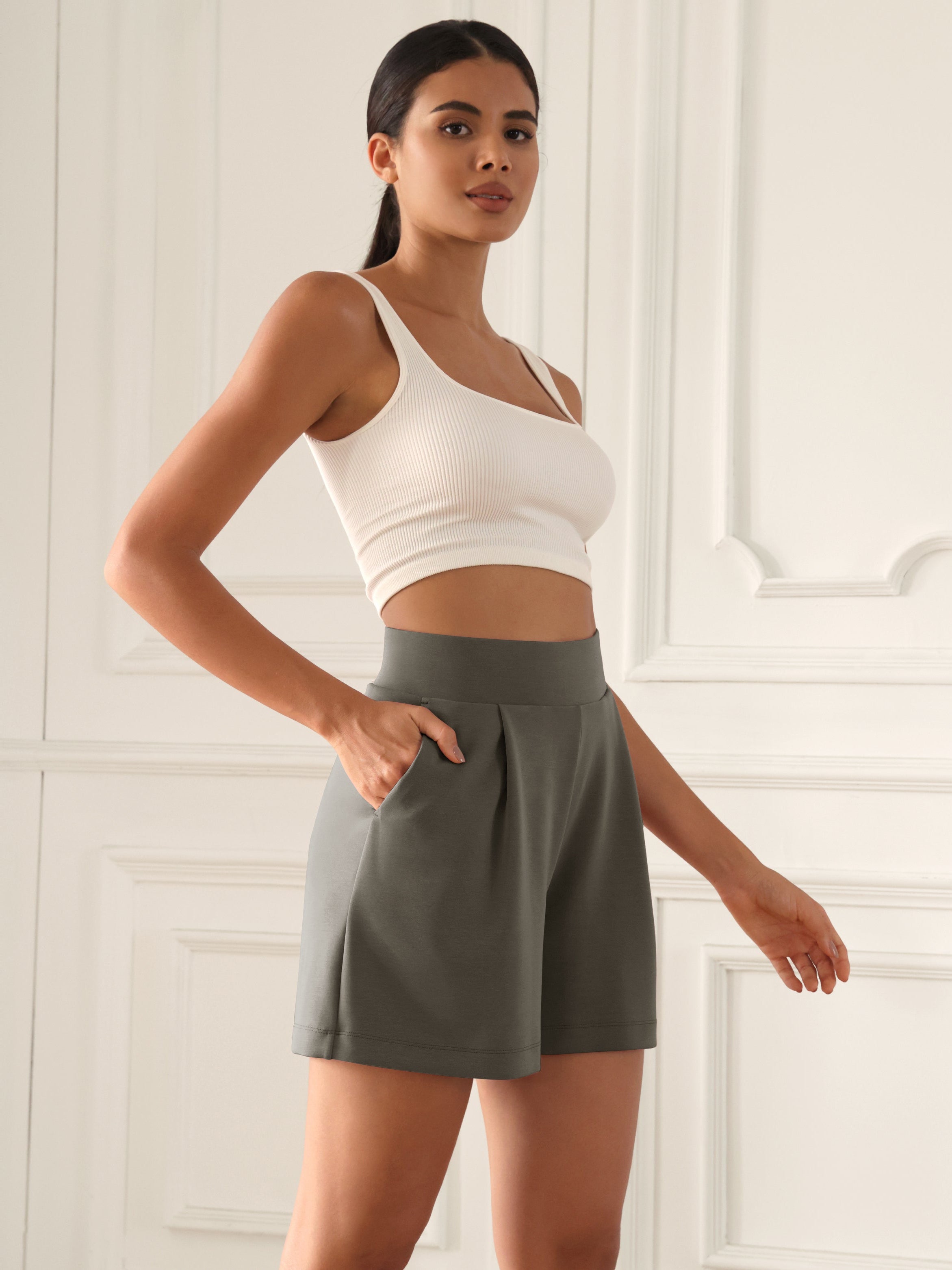 Modal Soft High Waist Wide Leg Shorts with Pockets - ododos