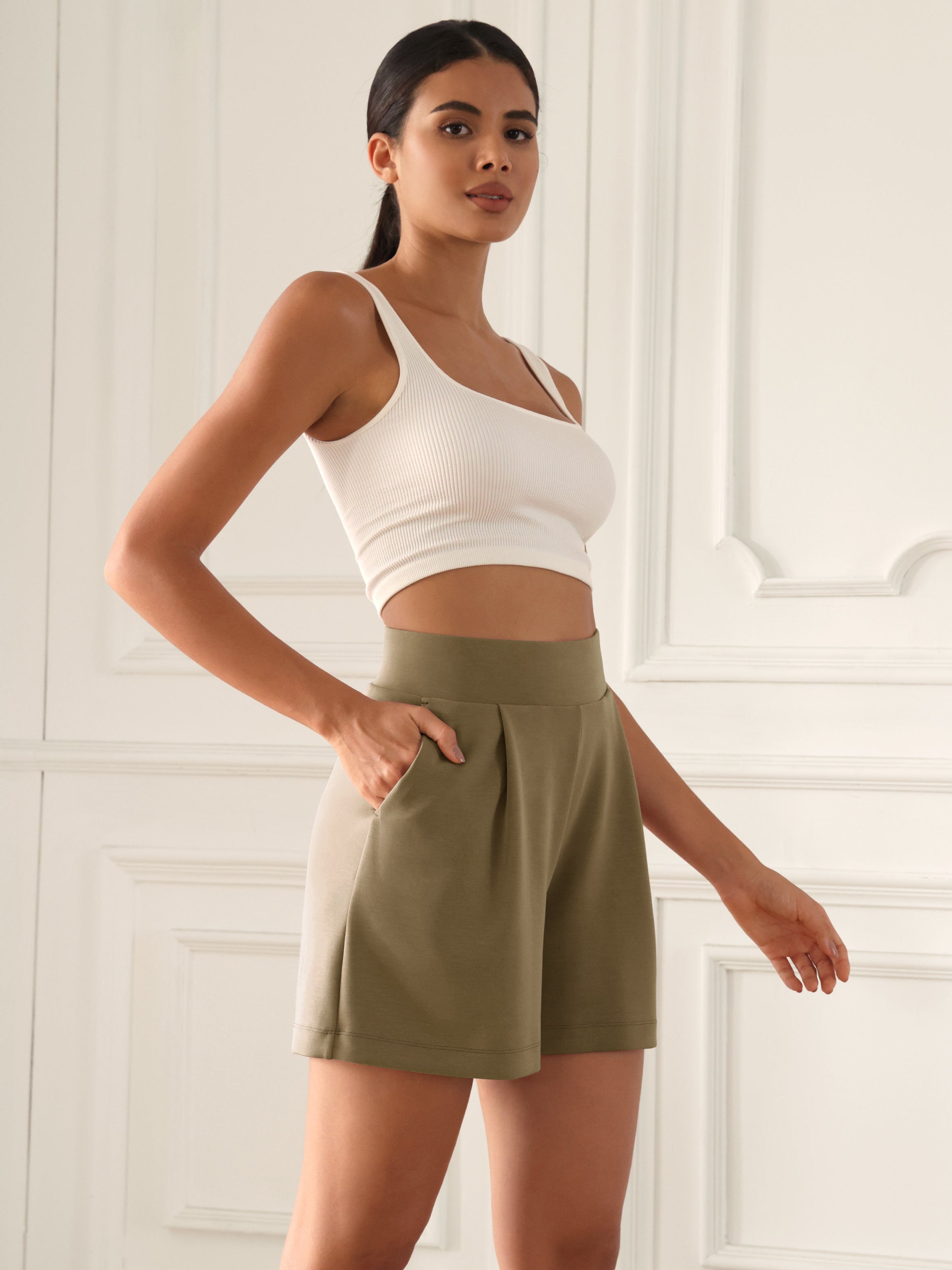 Modal Soft High Waist Wide Leg Shorts with Pockets Espresso 4 inches - ododos