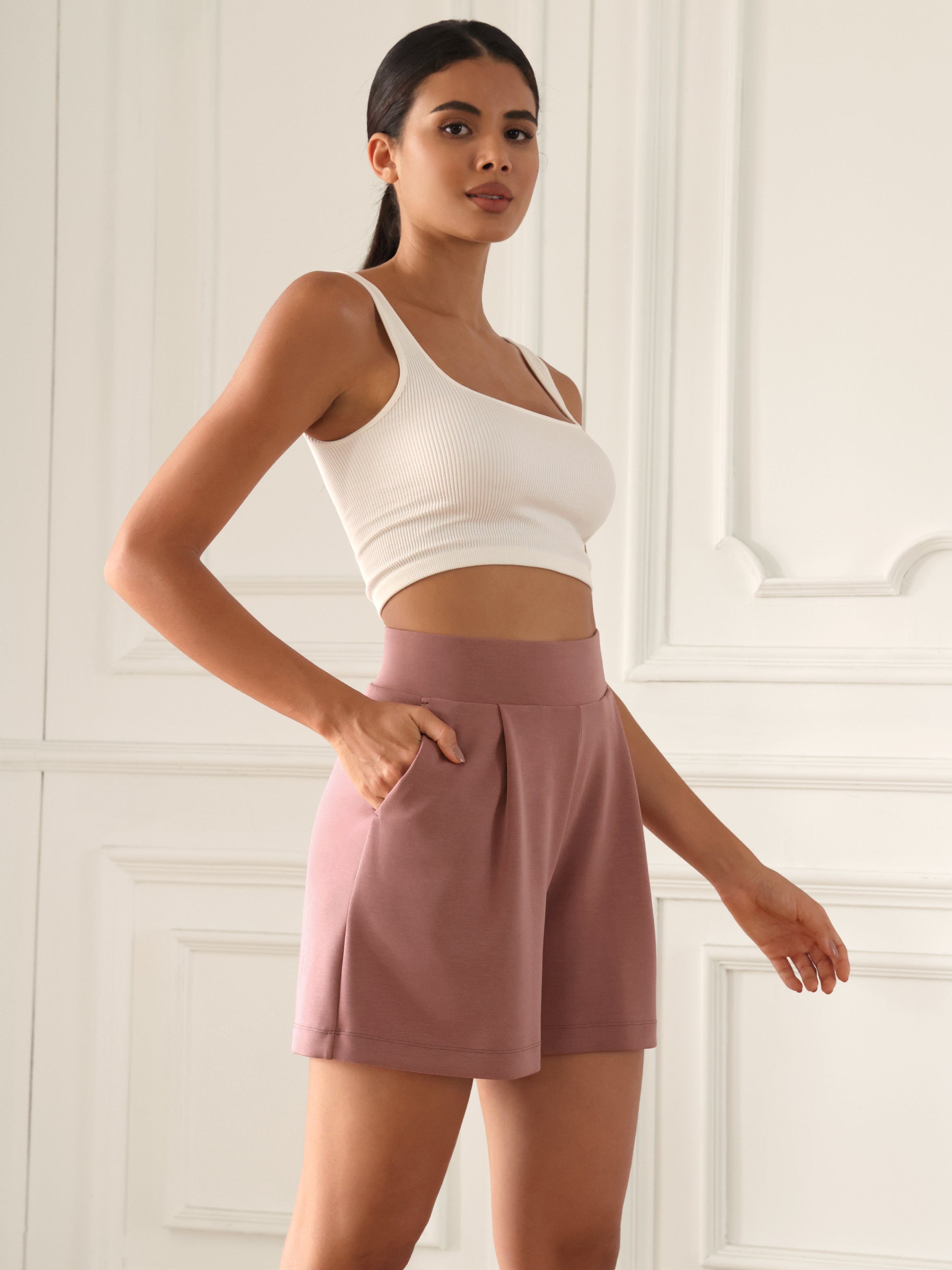 Modal Soft High Waist Wide Leg Shorts with Pockets Mauve Pink 4 inches - ododos
