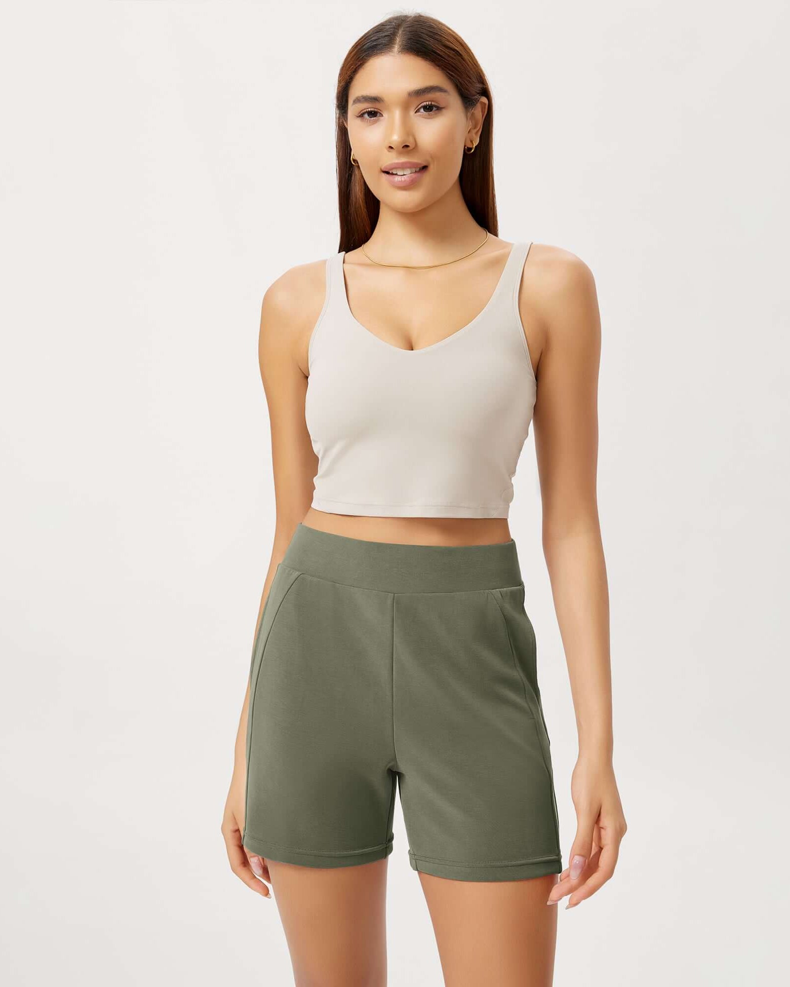 Modal Soft High Waist Casual Shorts with Pockets Dark Sage - ododos