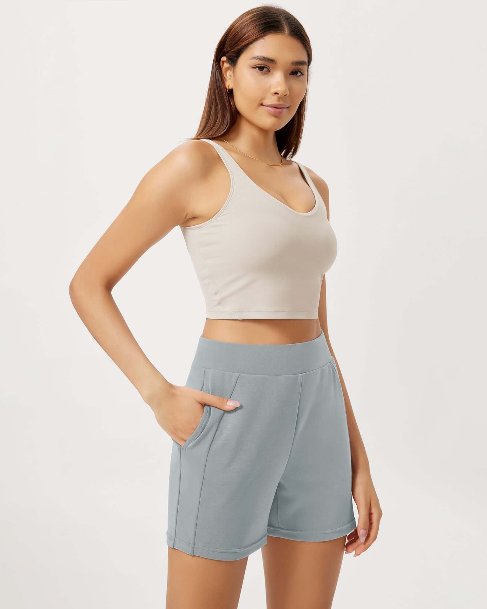 Modal Soft High Waist Casual Shorts with Pockets Grey Blue - ododos