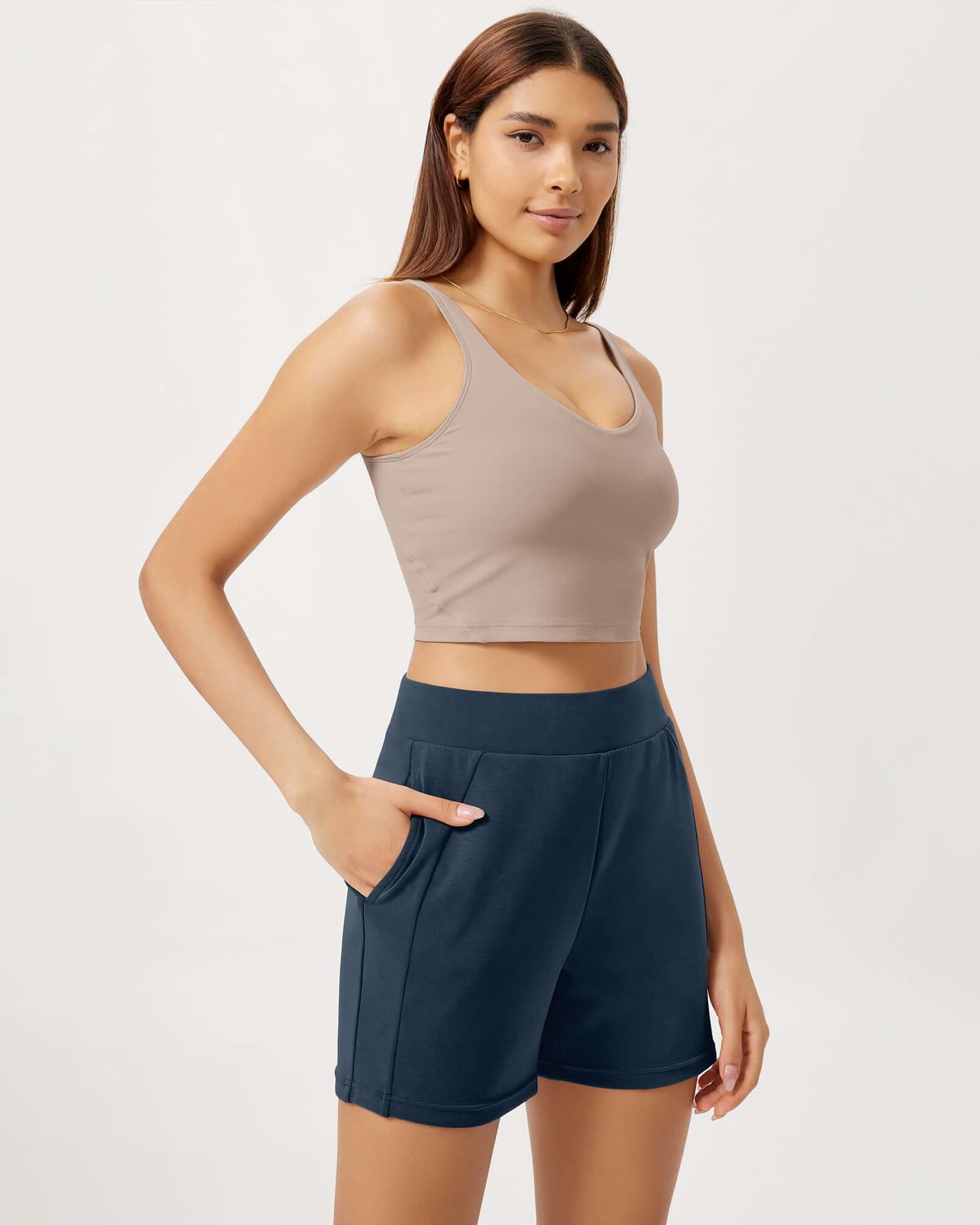 Modal Soft High Waist Casual Shorts with Pockets Navy - ododos