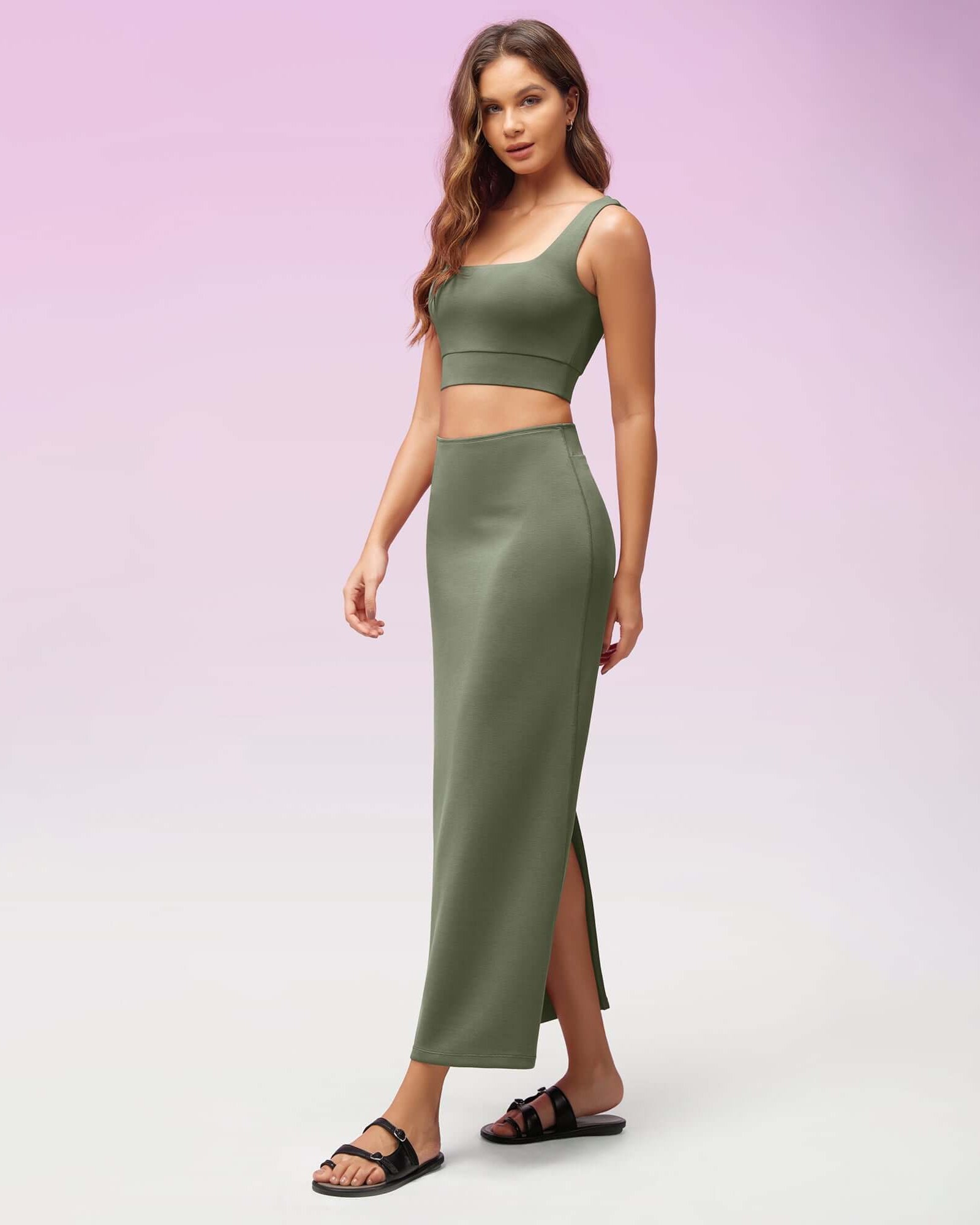 Modal Soft Back Slit Casual Maxi Skirts Dark Sage - ododos