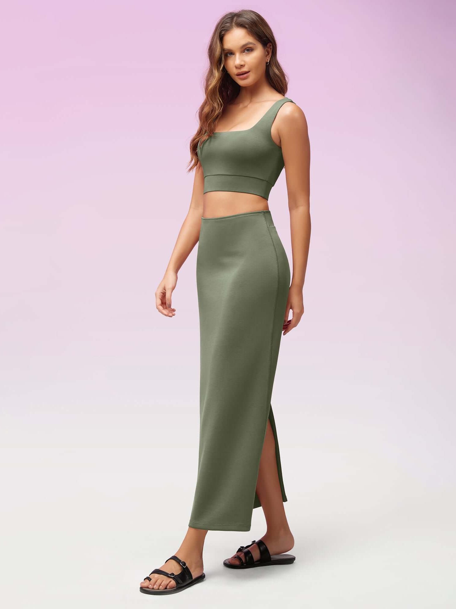 Modal Soft Back Slit Casual Maxi Skirts Dark Sage - ododos
