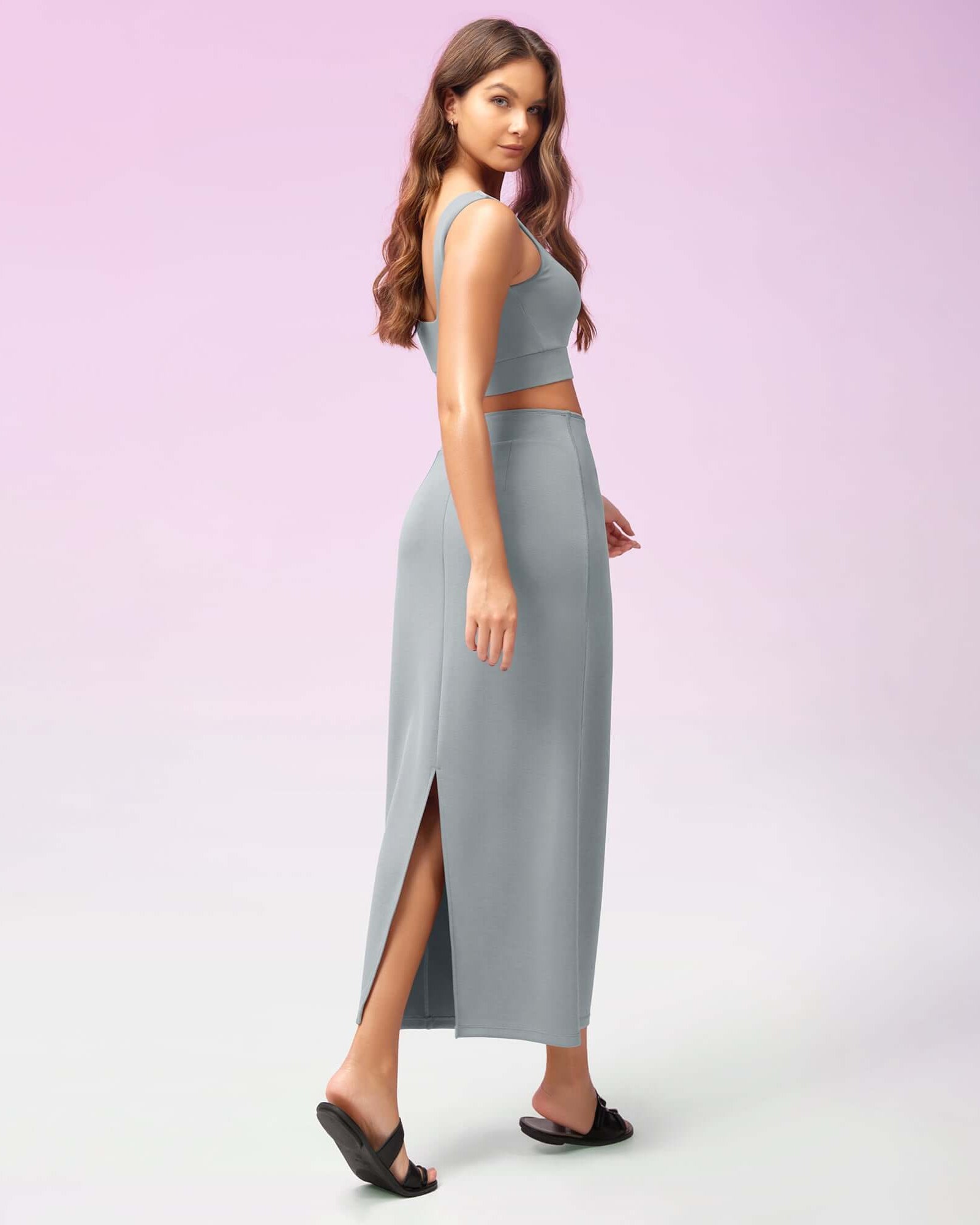 Modal Soft Back Slit Casual Maxi Skirts Grey Blue - ododos