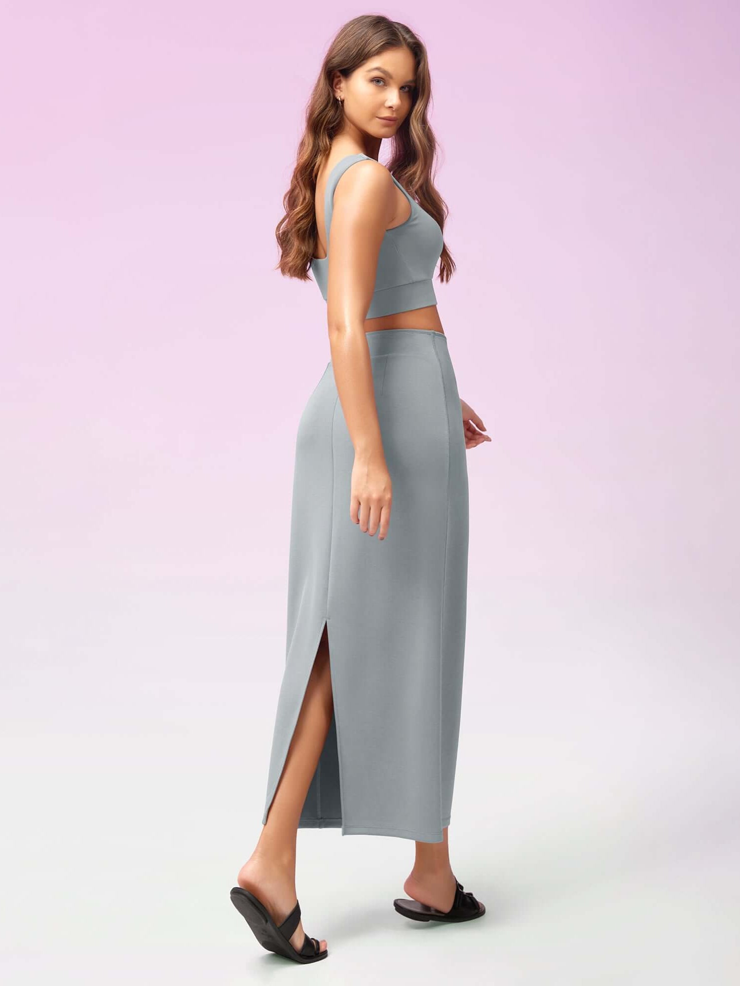 Modal Soft Back Slit Casual Maxi Skirts Grey Blue - ododos